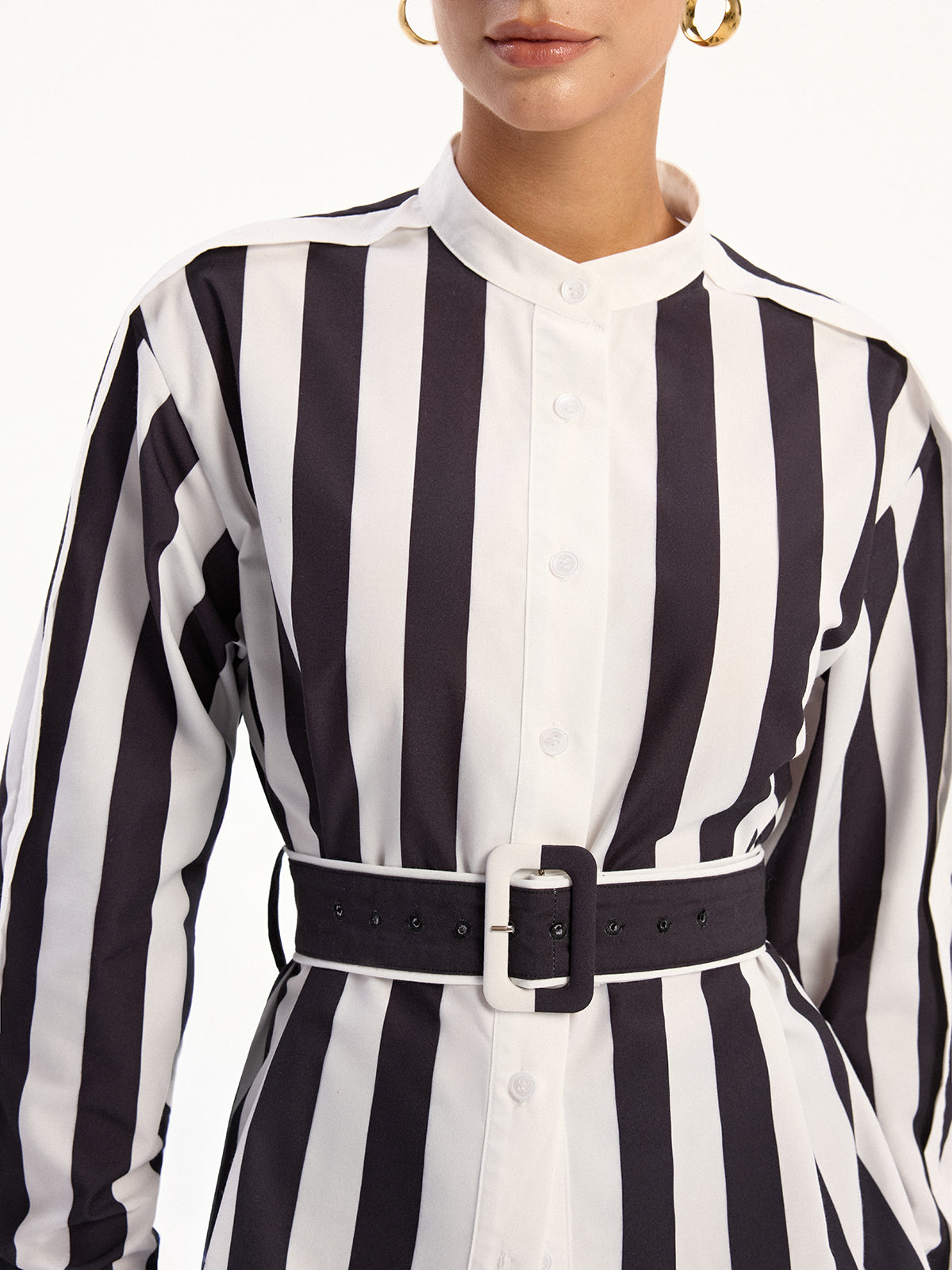 Contrast Striped Belted Shirt-Chicvia