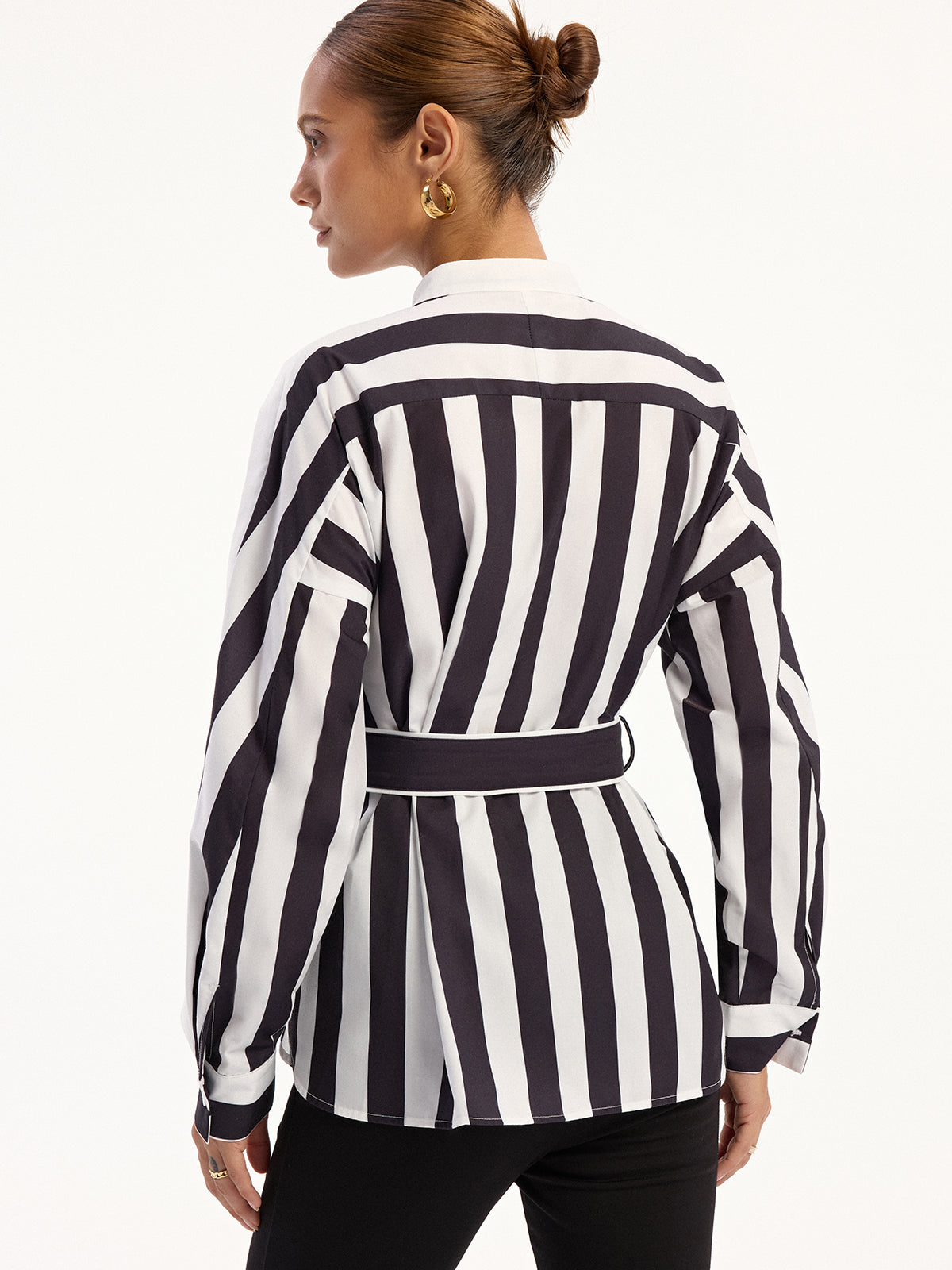 Contrast Striped Belted Shirt-Chicvia