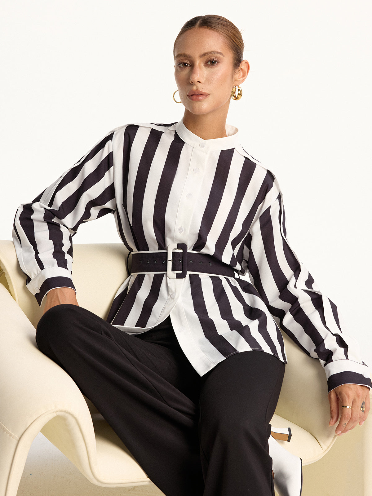 Contrast Striped Belted Shirt-Chicvia