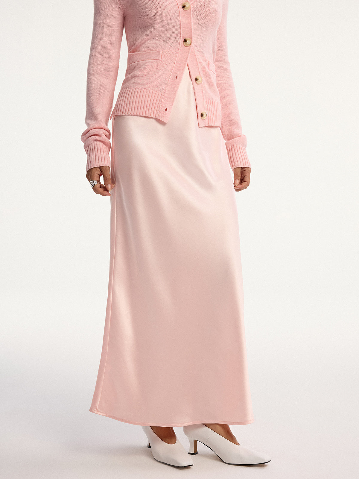 High-Waist Satin Maxi Skirt-Chicvia