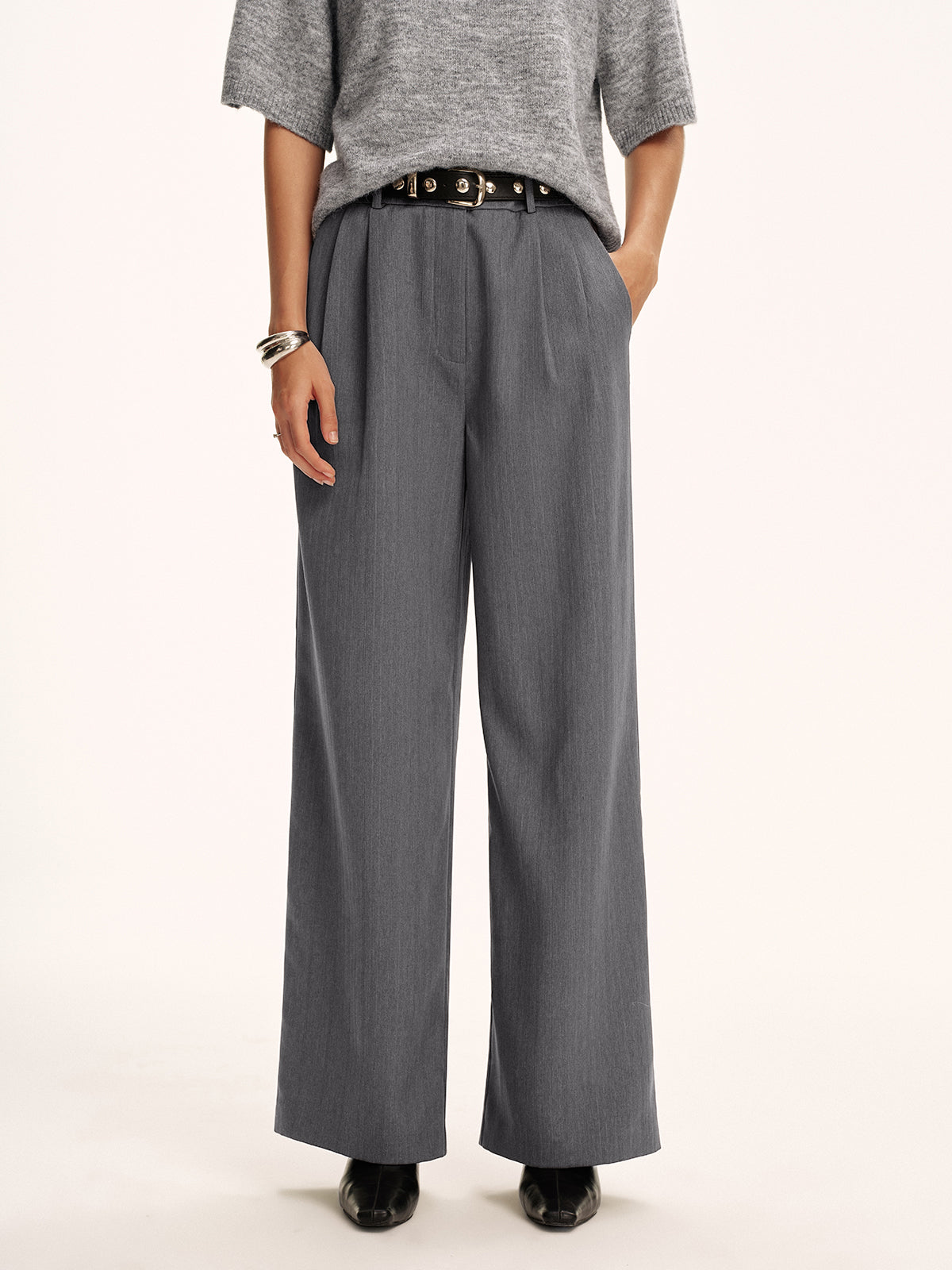 Cotton-Blend Pleated Pants without Belt-Chicvia