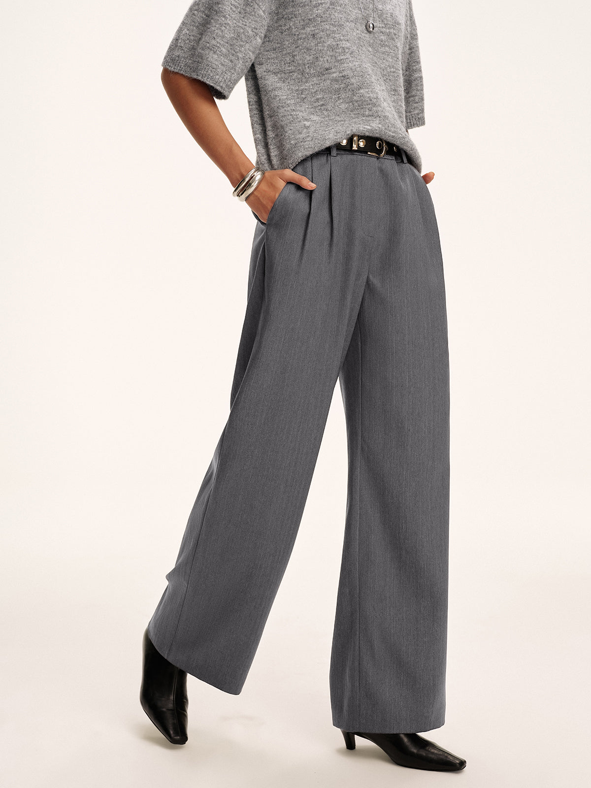 Cotton-Blend Pleated Pants without Belt-Chicvia
