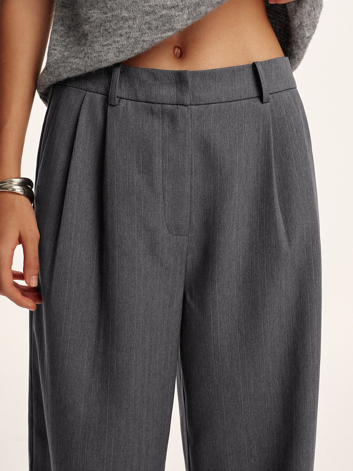 Cotton-Blend Pleated Pants without Belt-Chicvia