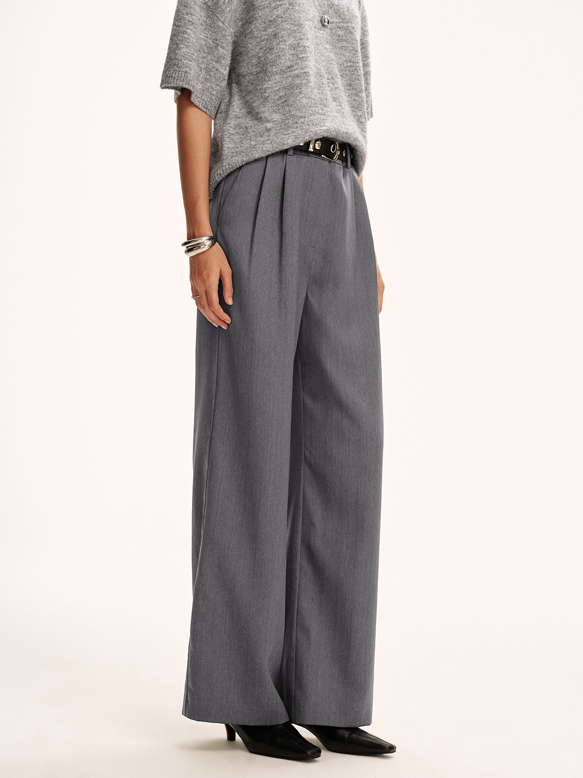 Cotton-Blend Pleated Pants without Belt-Chicvia
