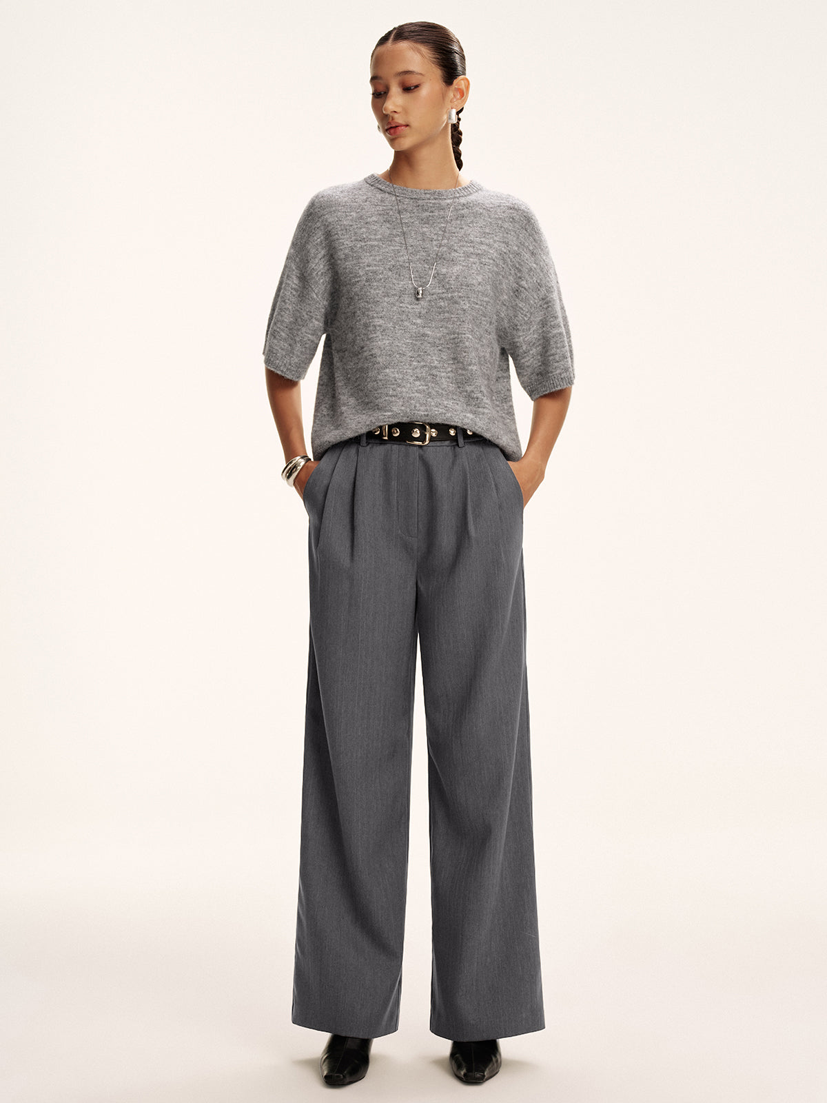 Cotton-Blend Pleated Pants without Belt-Chicvia