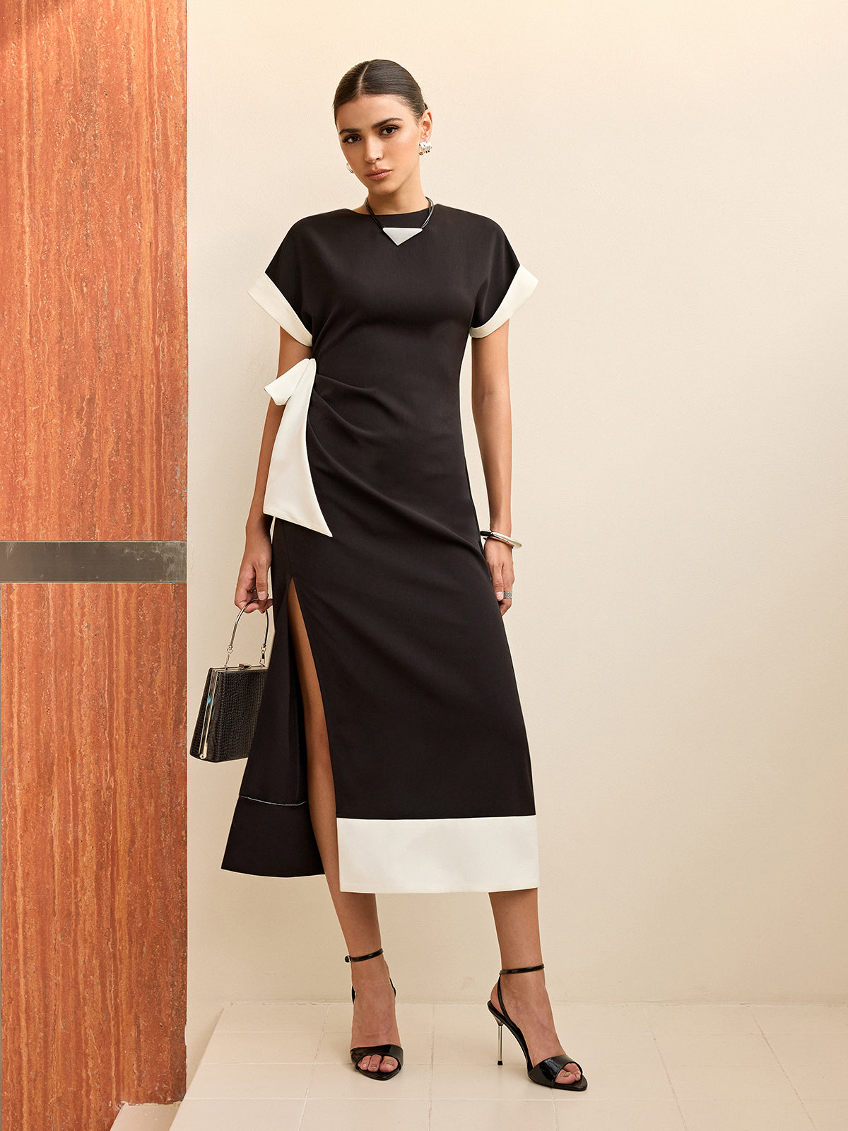 Contrast Trim Bow Slit Midi Dress-Chicvia