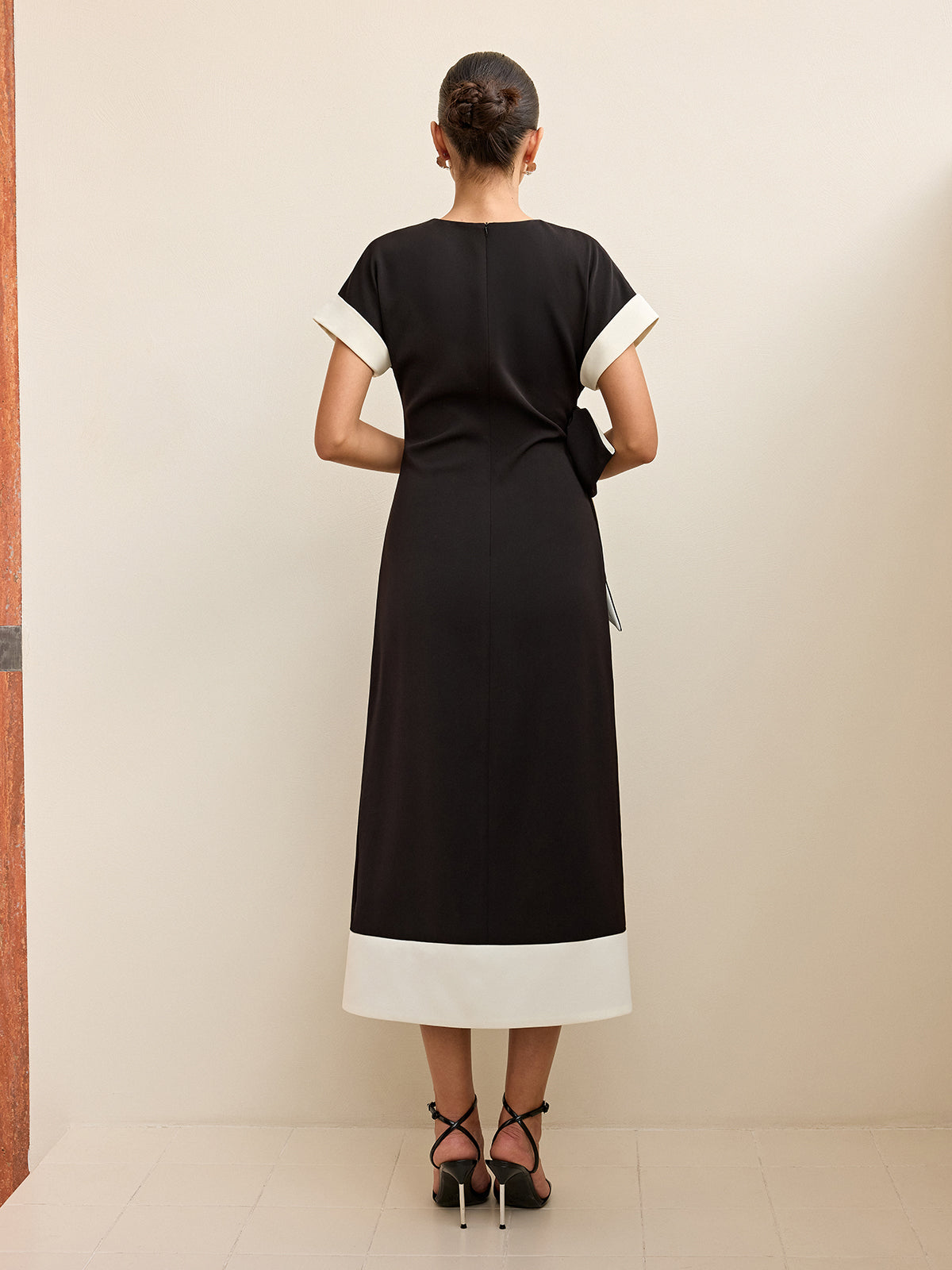 Contrast Trim Bow Slit Midi Dress-Chicvia