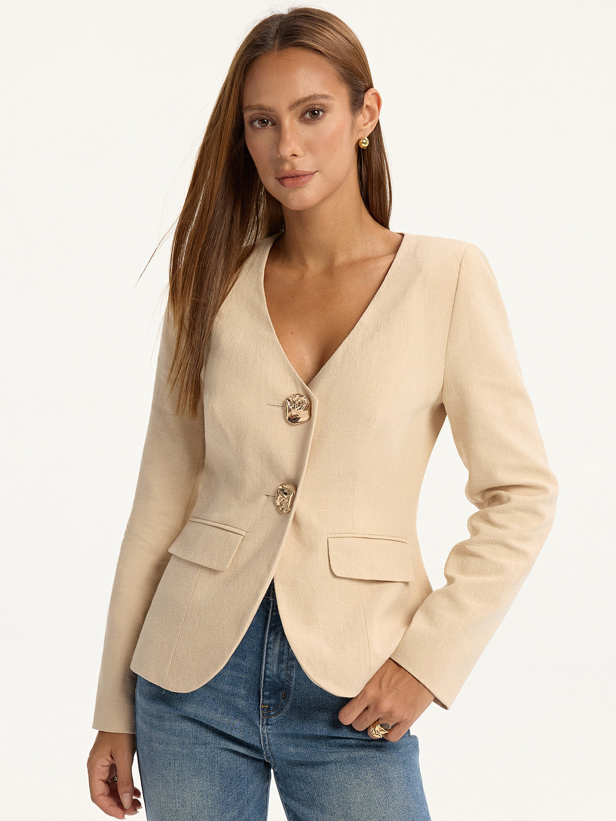 Linen & Cotton V-Neck Metal Button Blazer-Chicvia