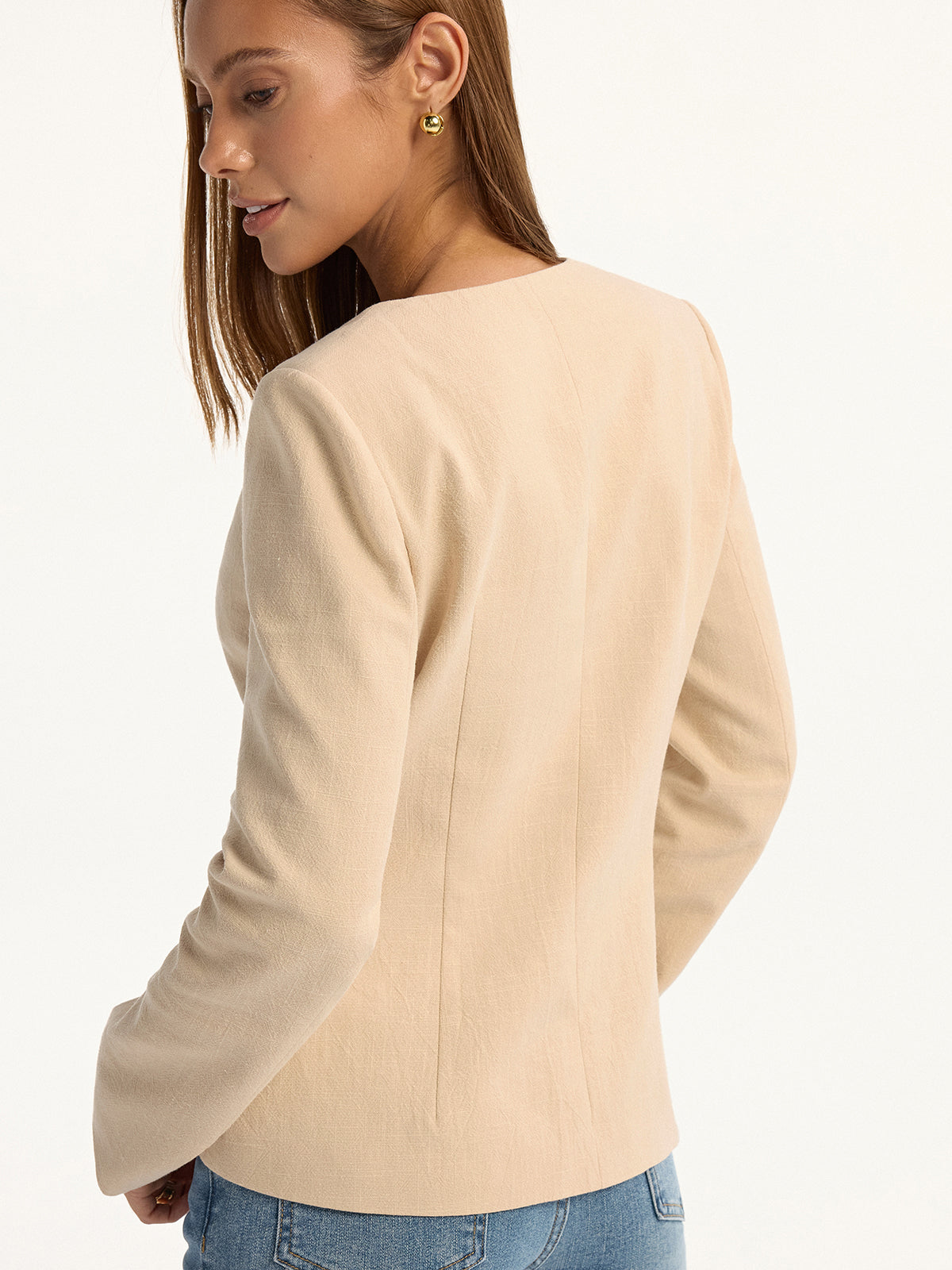 Linen & Cotton V-Neck Metal Button Blazer-Chicvia