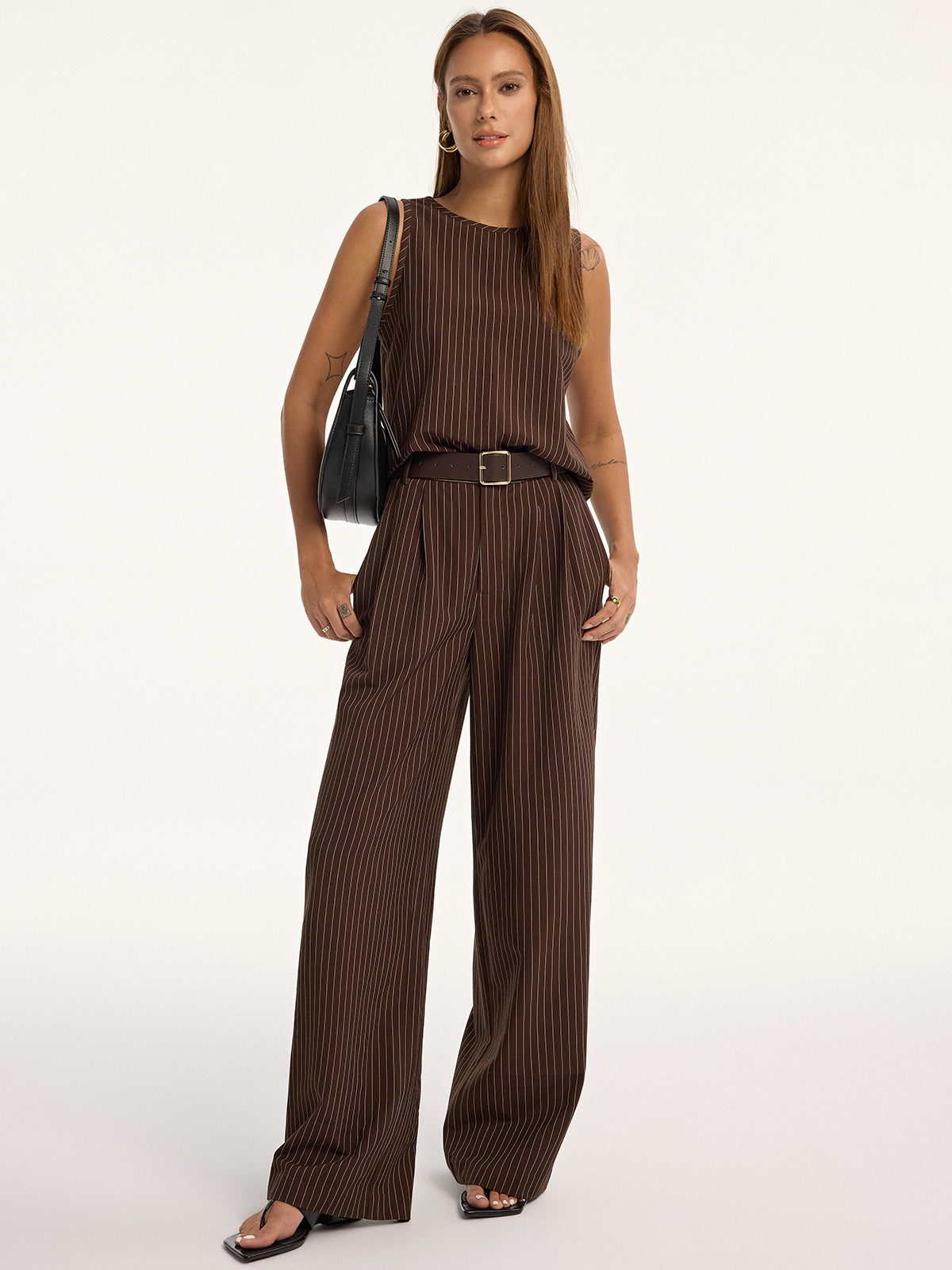 Pinstripe Sleeveless Top and Pants Set with Belt-Chicvia