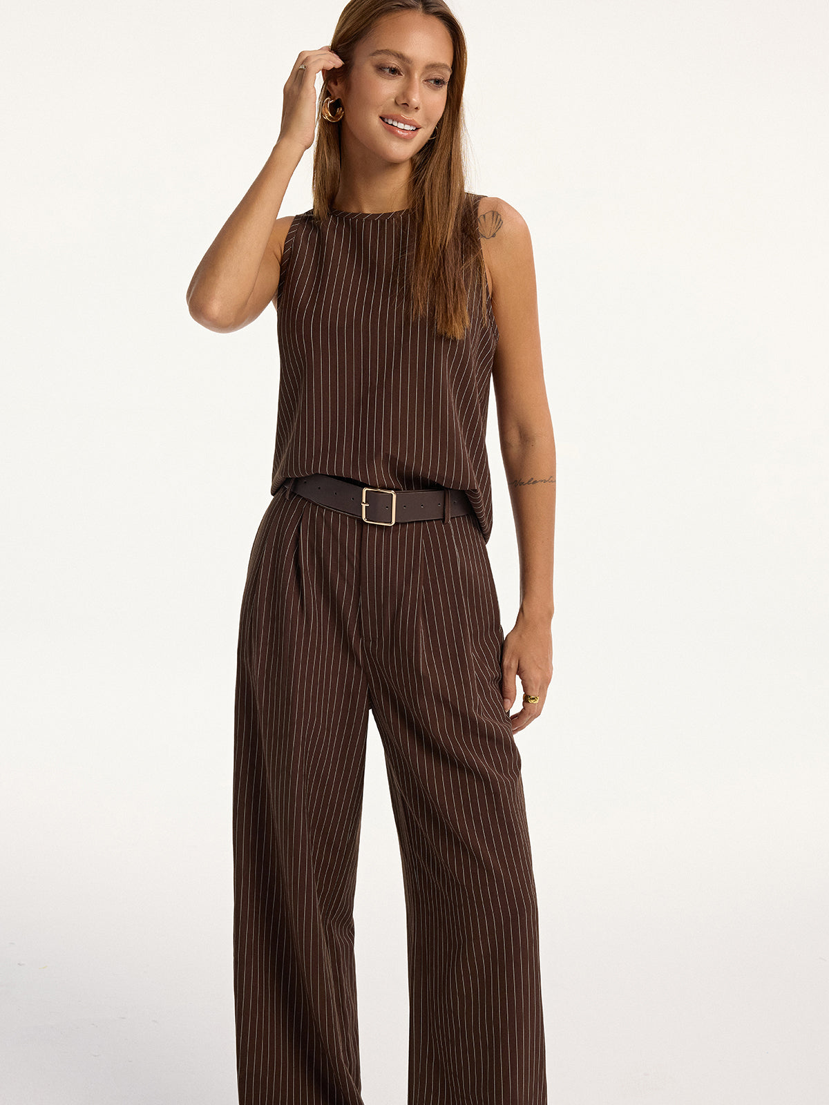 Pinstripe Sleeveless Top and Pants Set with Belt-Chicvia