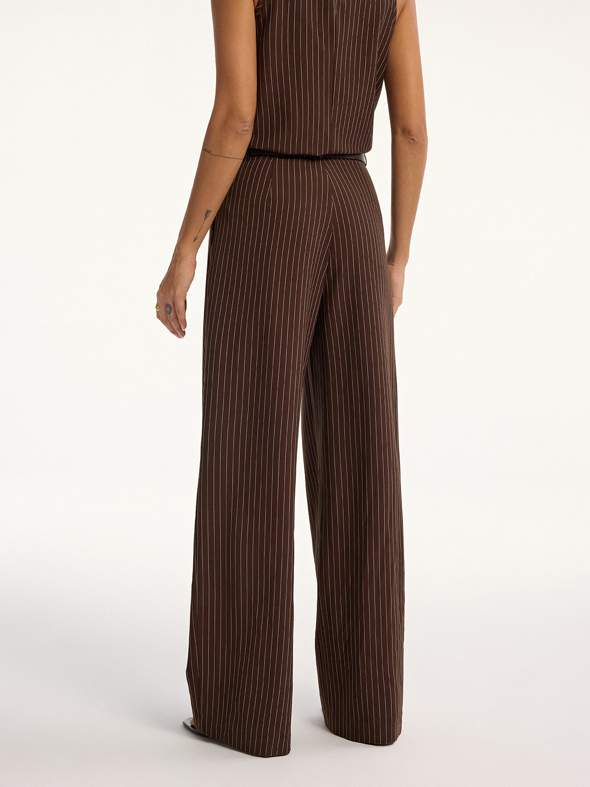 Pinstripe Sleeveless Top and Pants Set with Belt-Chicvia