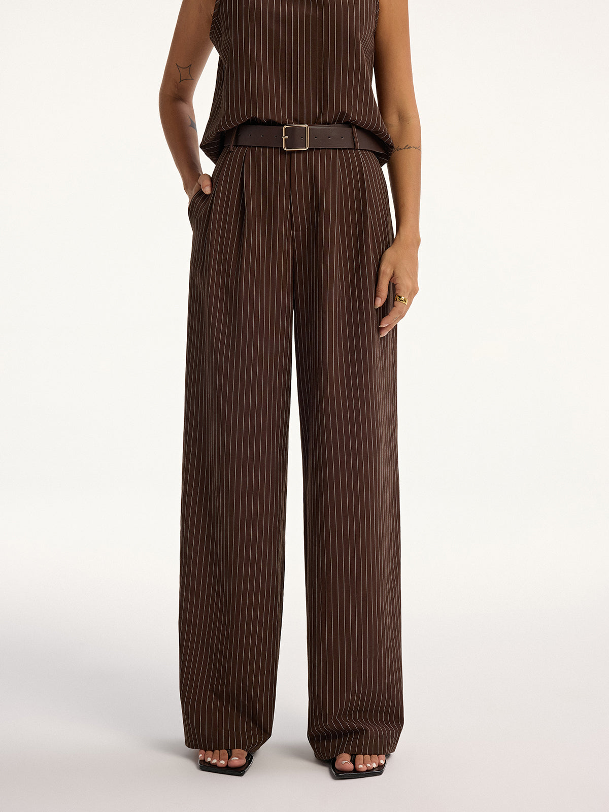 Pinstripe Sleeveless Top and Pants Set with Belt-Chicvia