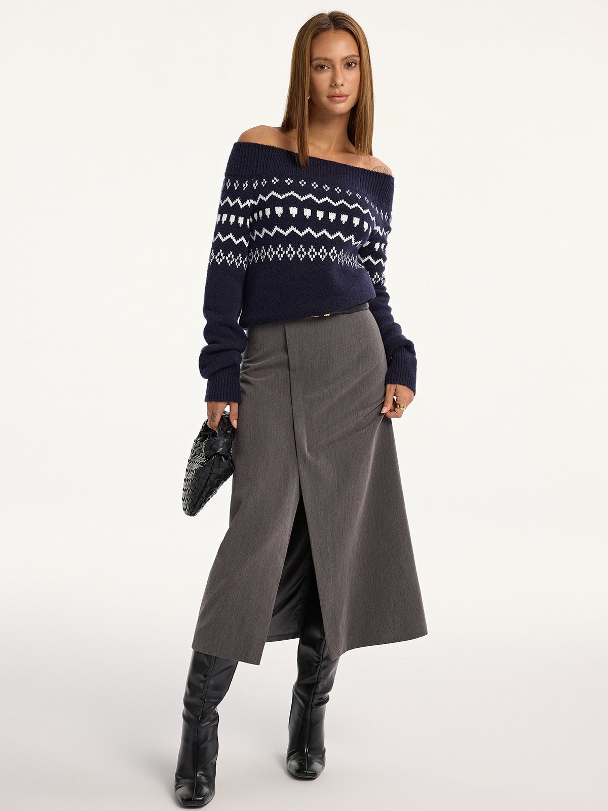 Off-Shoulder Fair Isle Knit Sweater-Chicvia