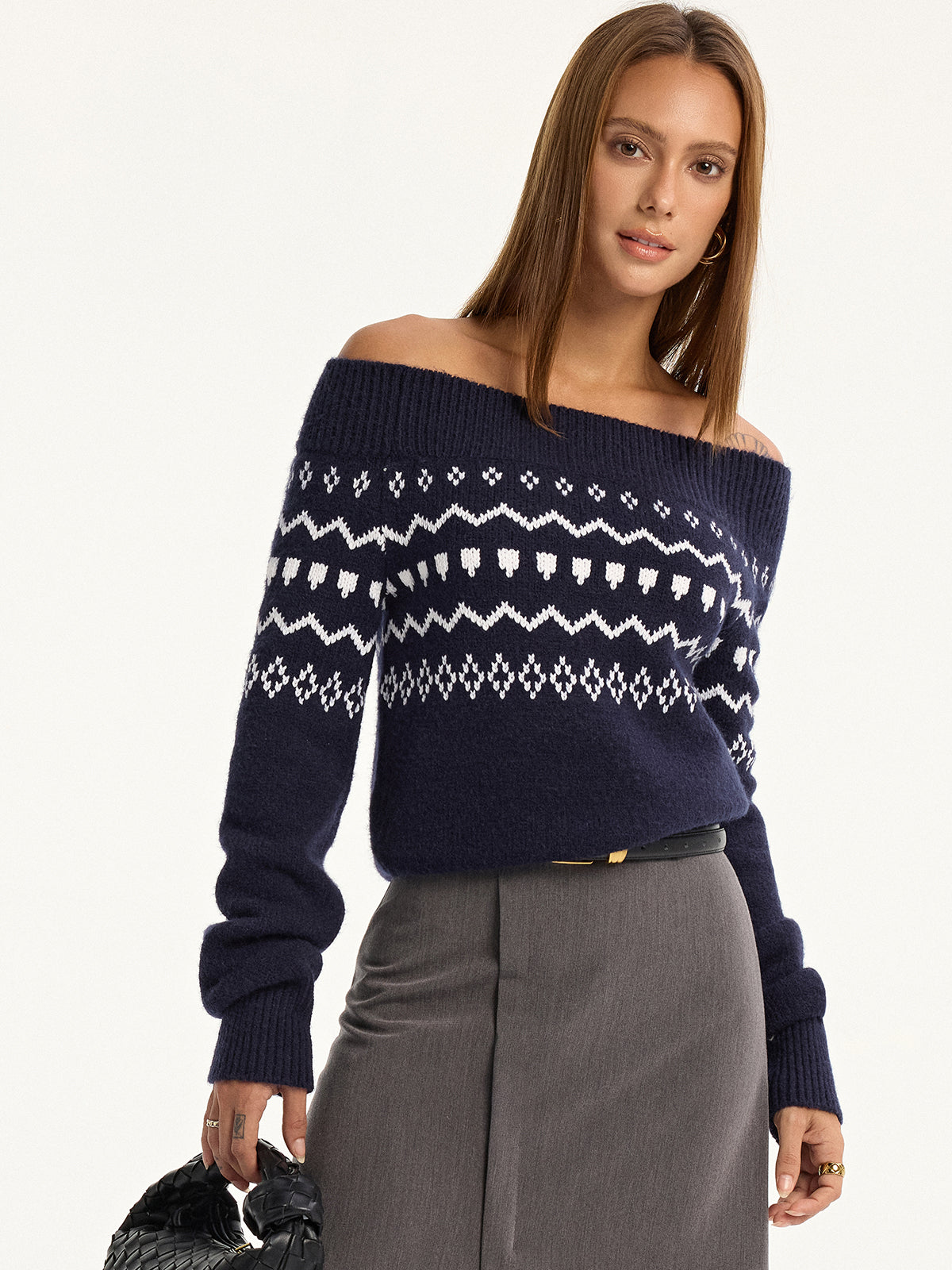 Off-Shoulder Fair Isle Knit Sweater-Chicvia