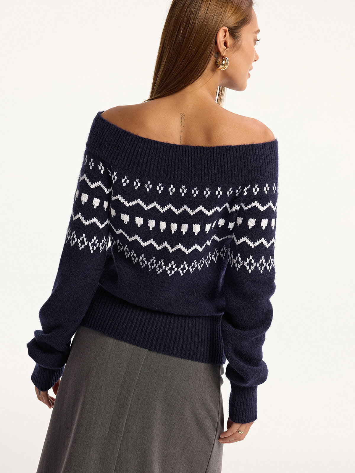 Off-Shoulder Fair Isle Knit Sweater-Chicvia