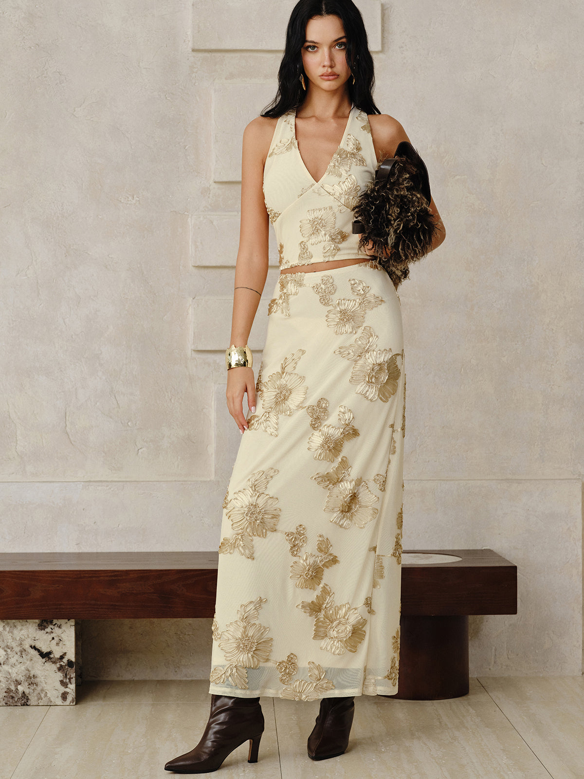 Floral Embroidered Halter Top and Skirt Set-Chicvia