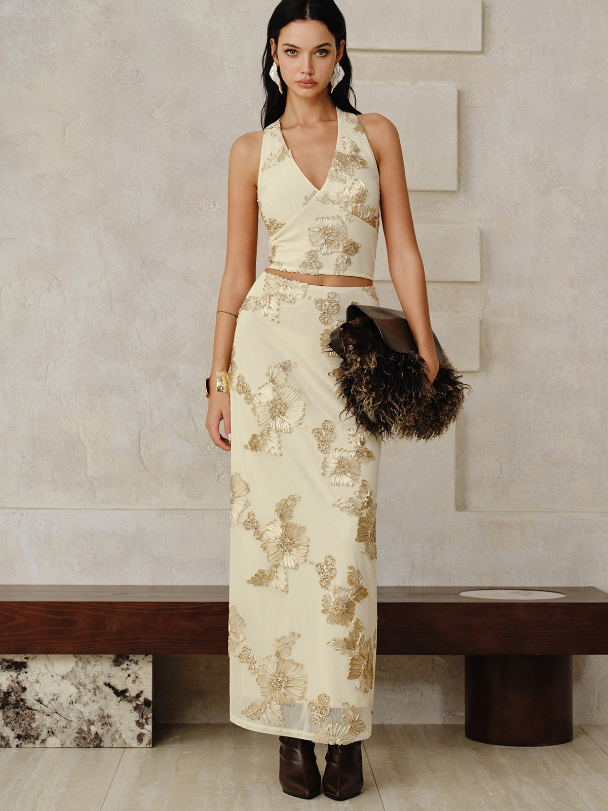 Floral Embroidered Halter Top and Skirt Set-Chicvia