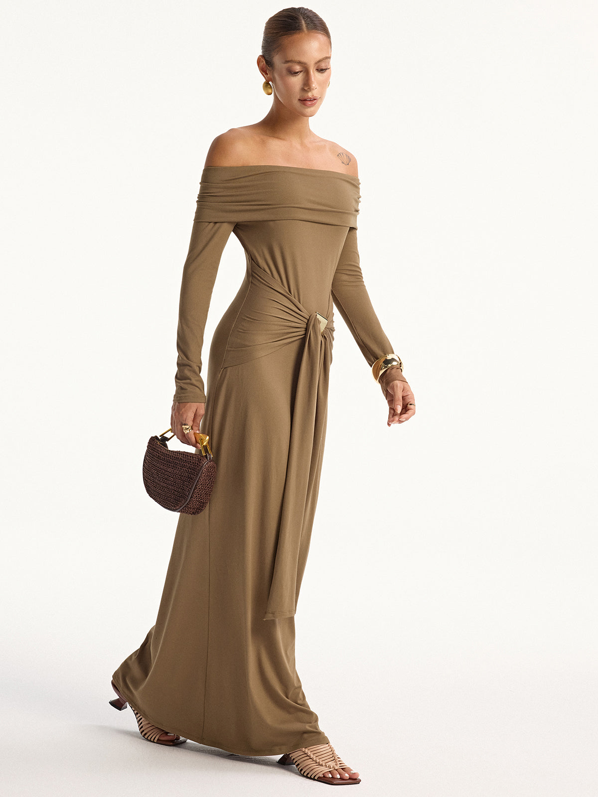 Off-Shoulder Long Sleeve Maxi Dress-Chicvia