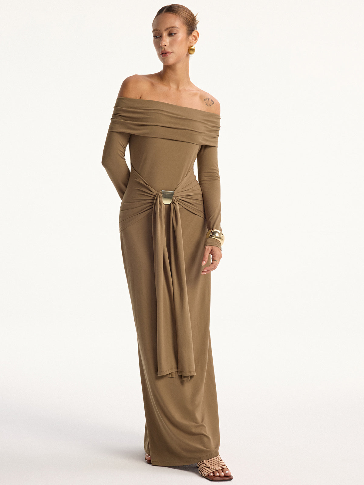 Off-Shoulder Long Sleeve Maxi Dress-Chicvia