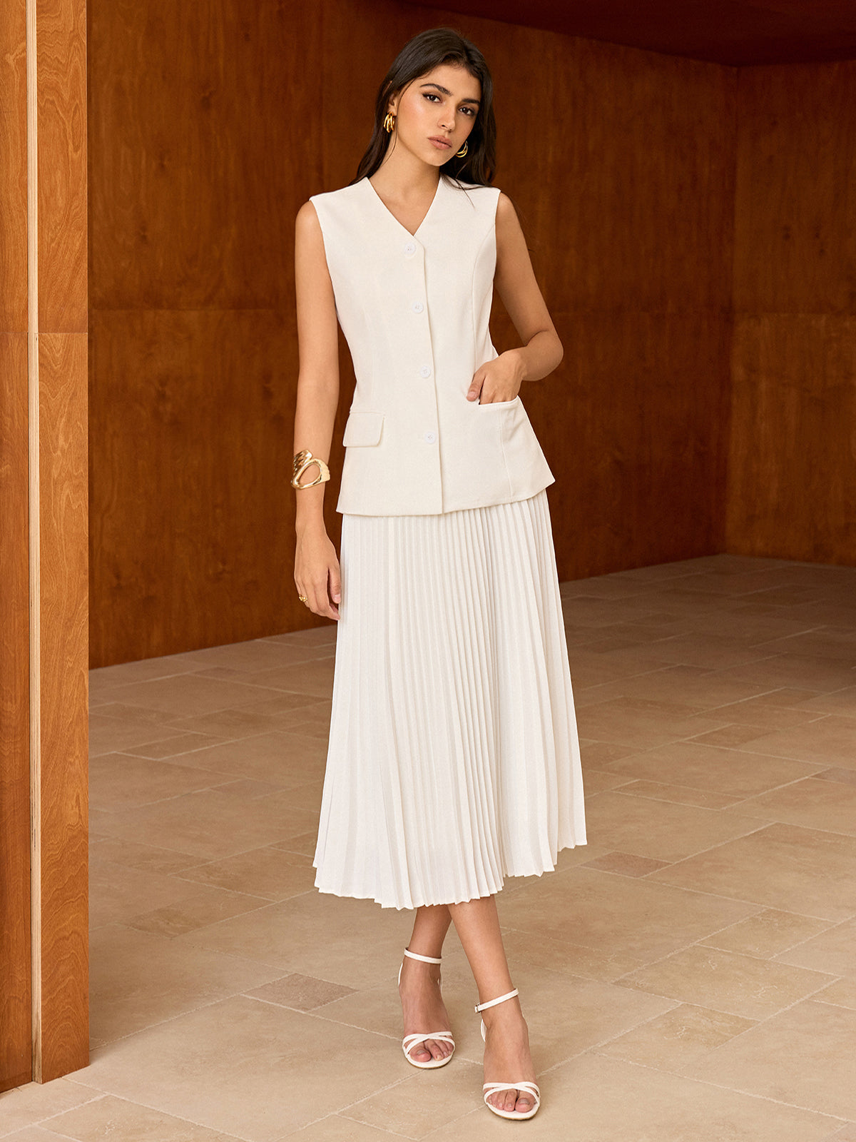 Elasticated Waist Pleated Midi Skirt-Chicvia