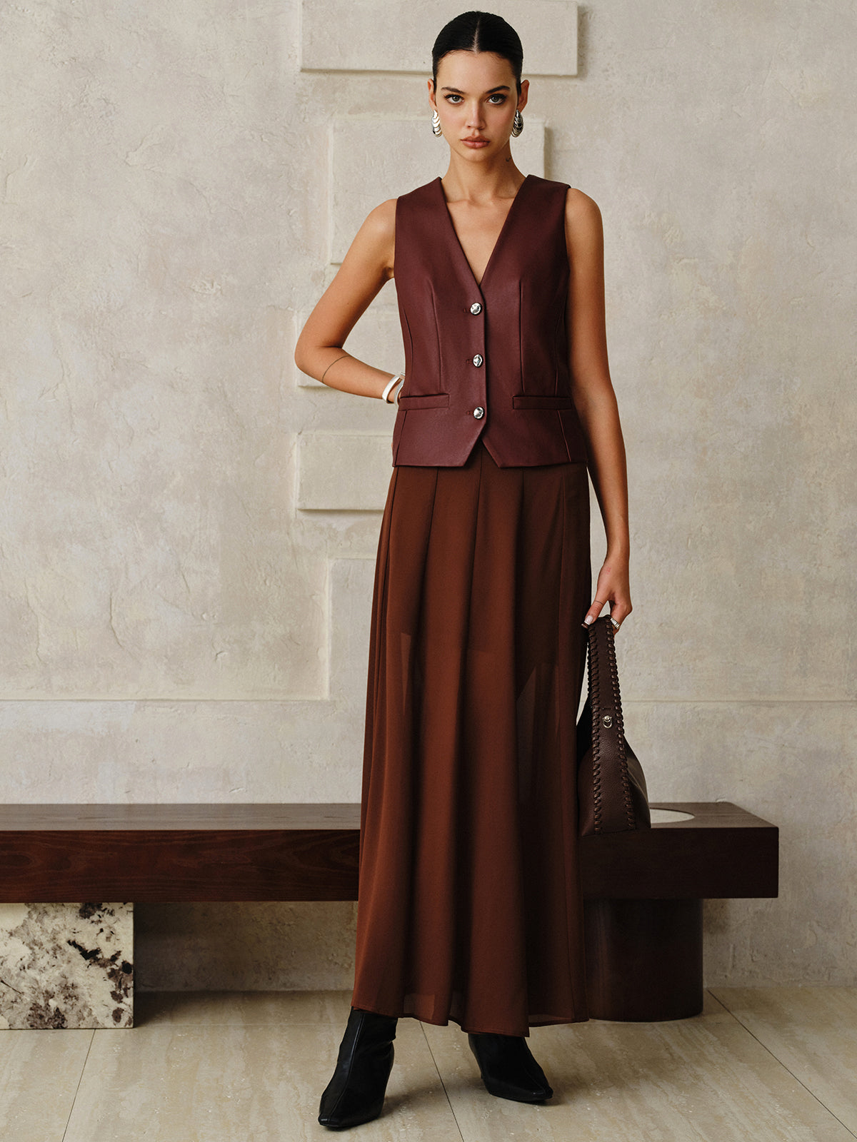 Faux Leather Metal Button Vest-Chicvia