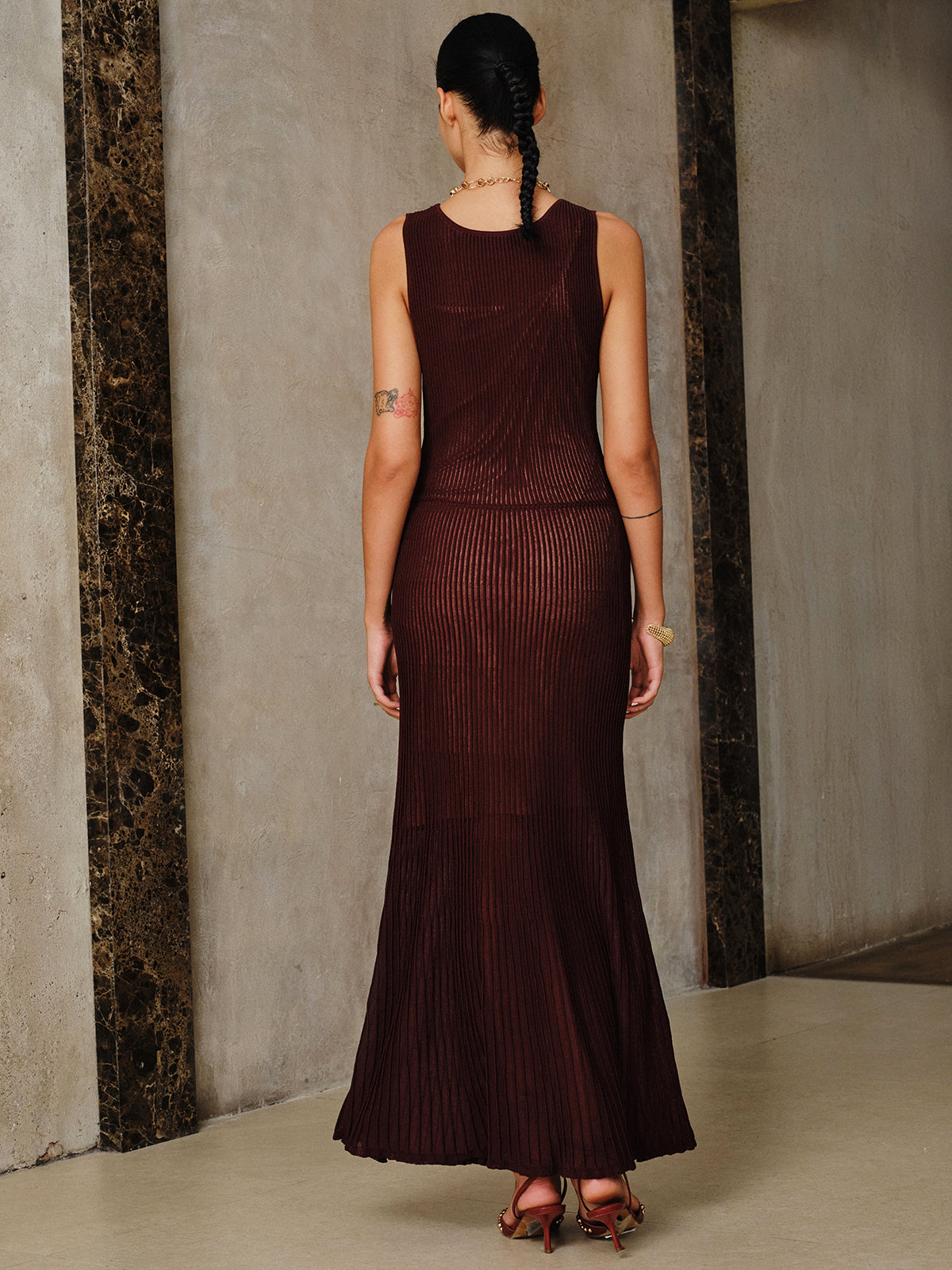 Mesh Panel Ribbed Knit Maxi Dress Set with Liner-Chicvia