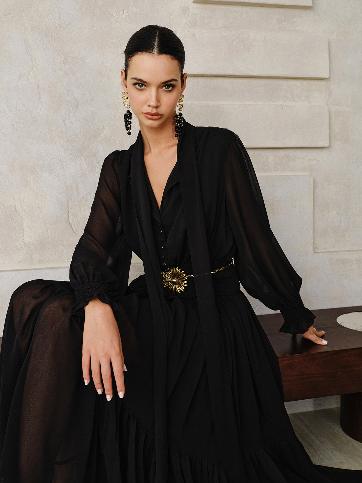 Chiffon Maxi Dress with Scarf-Chicvia