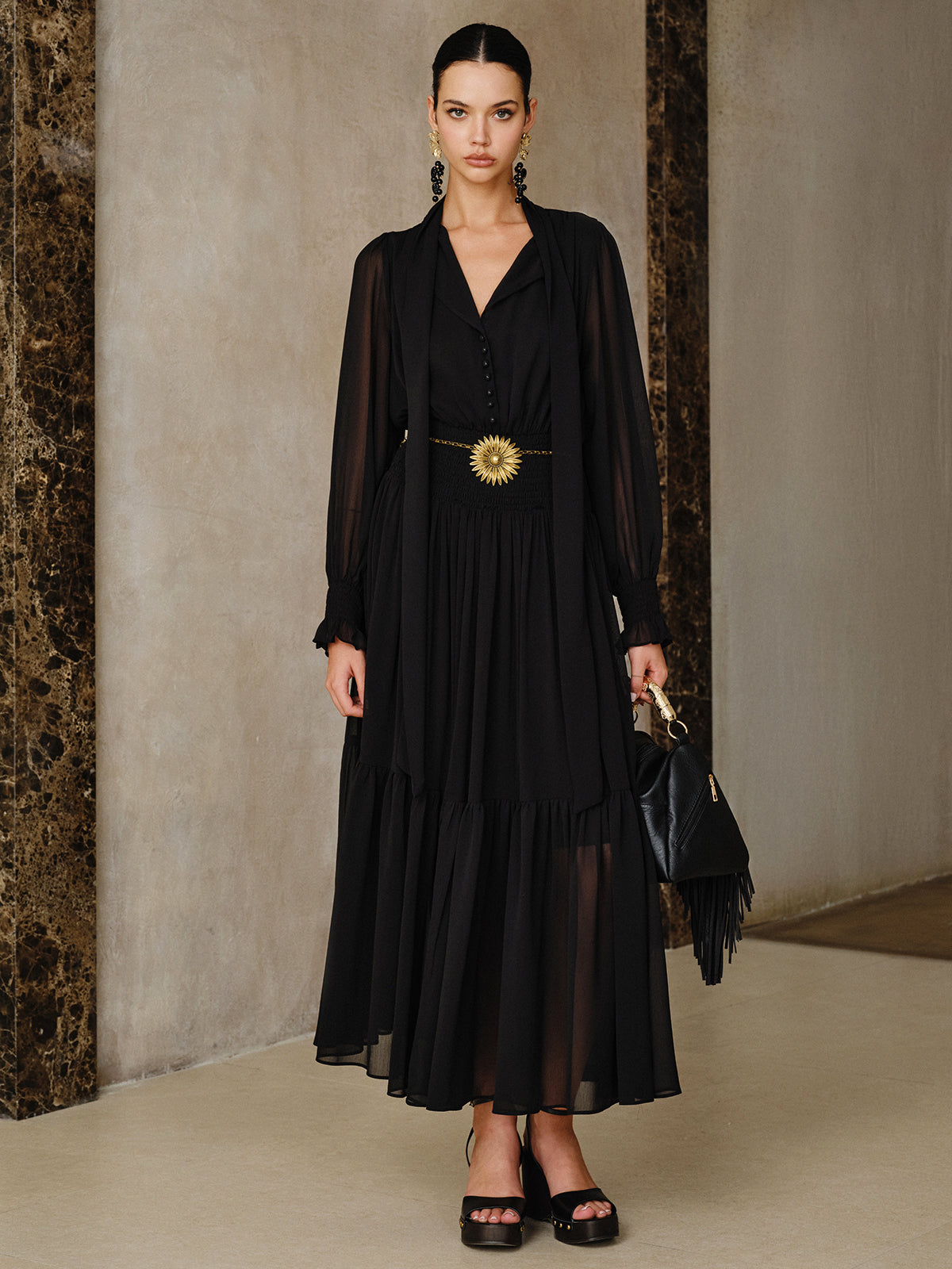 Chiffon Maxi Dress with Scarf-Chicvia