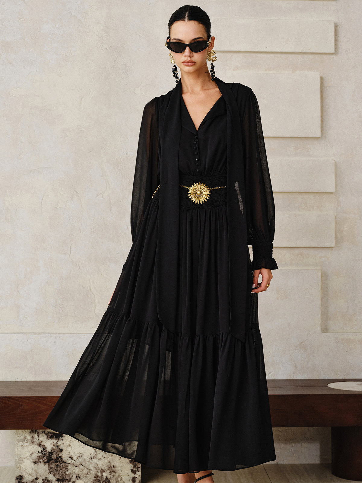 Chiffon Maxi Dress with Scarf-Chicvia