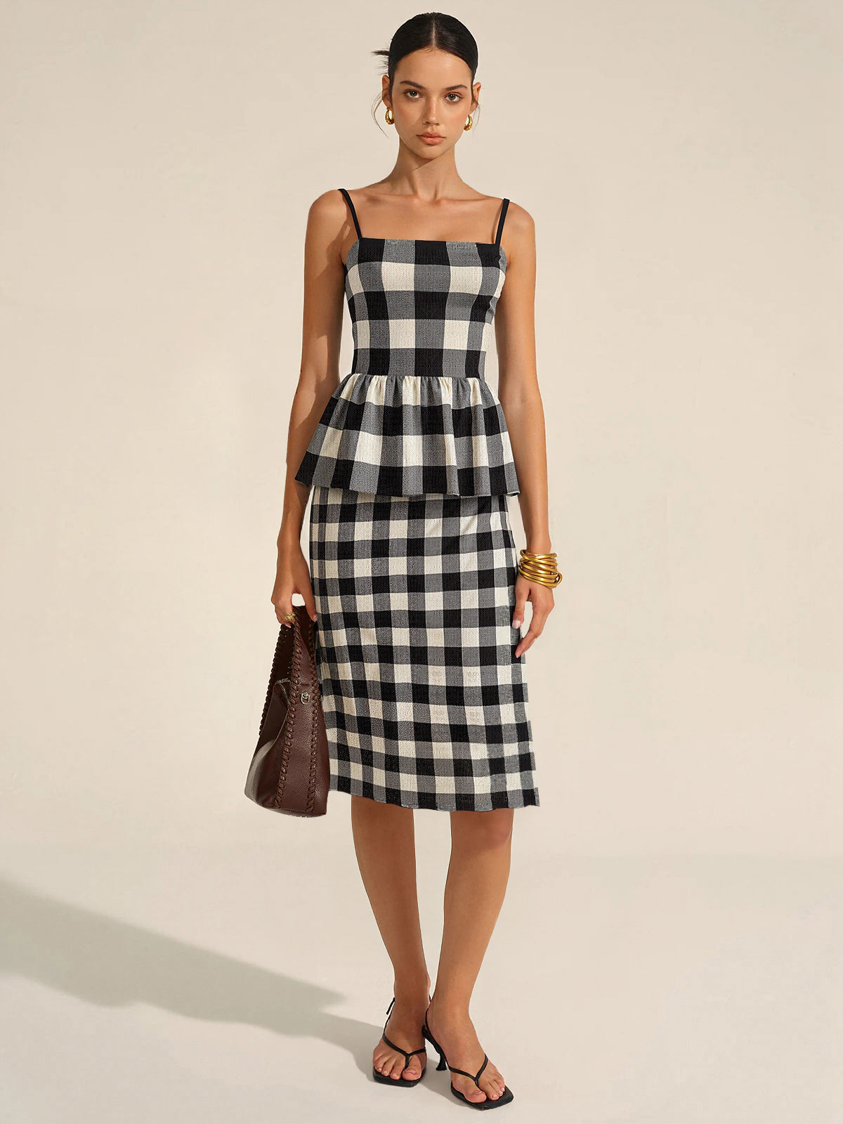 Checkered Cami Peplum Top and Skirt Set-Chicvia