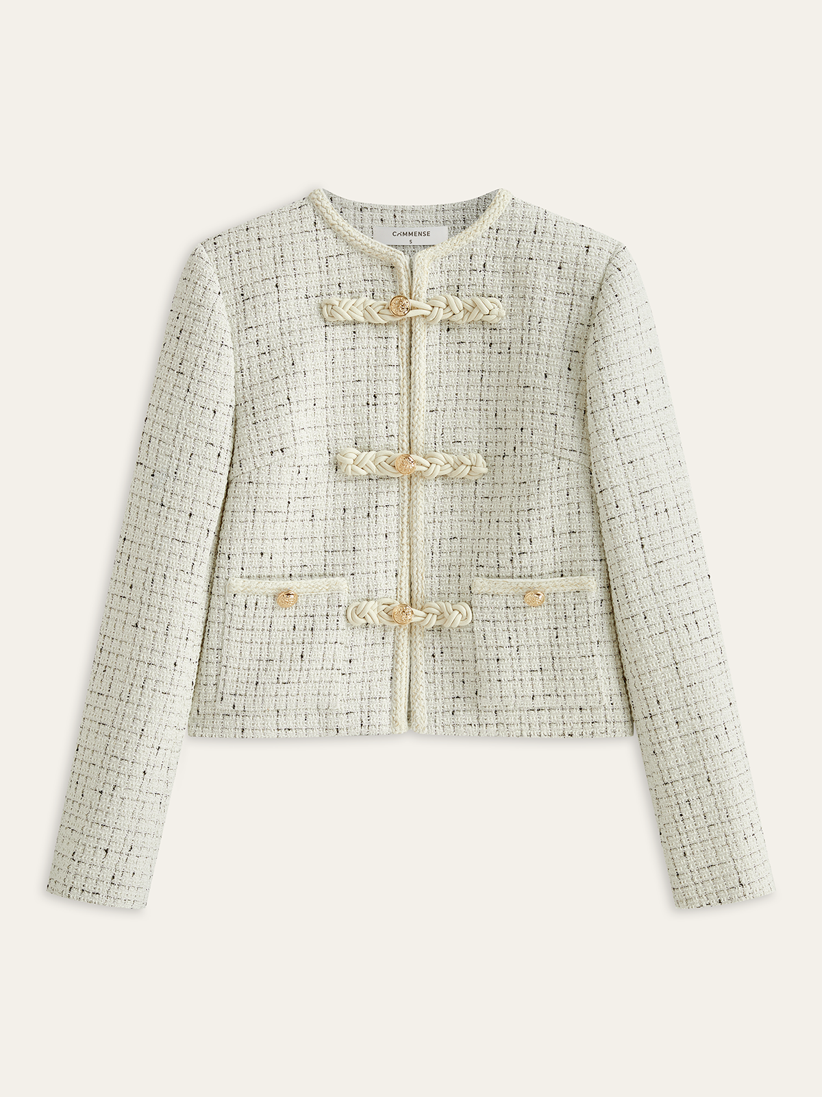 Metal Detail Knot Button Tweed Jacket-Chicvia