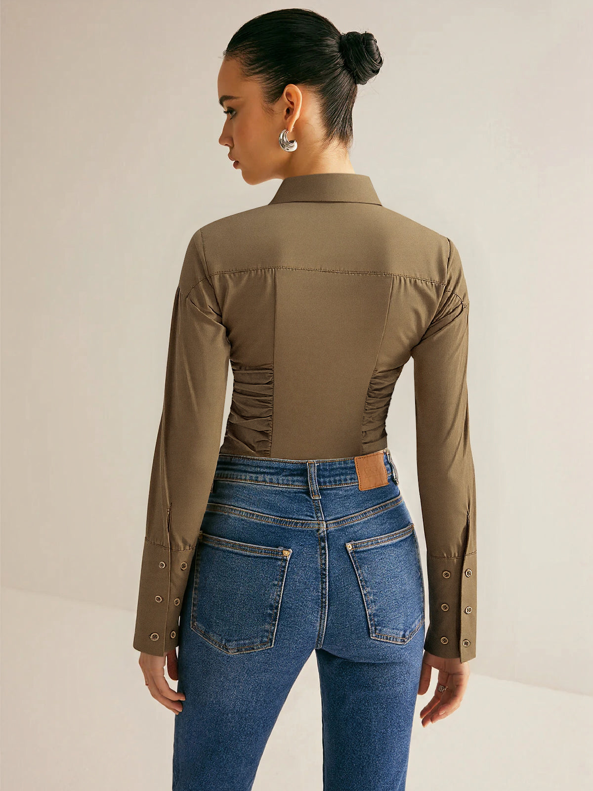 Cotton Blend Ruched Long Sleeve Shirt-Chicvia