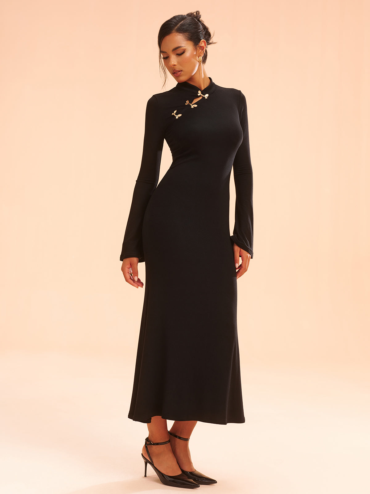 Metal Bow Detail Stand Collar Maxi Dress-Chicvia
