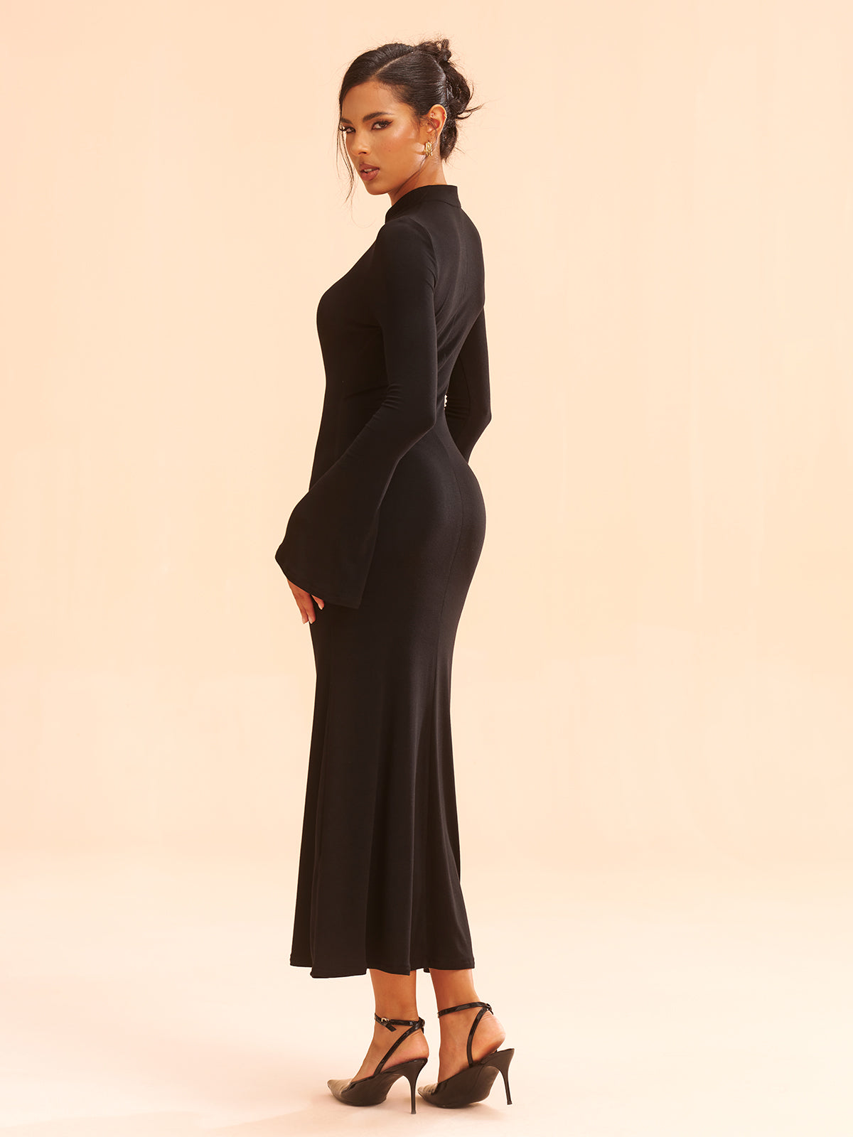 Metal Bow Detail Stand Collar Maxi Dress-Chicvia