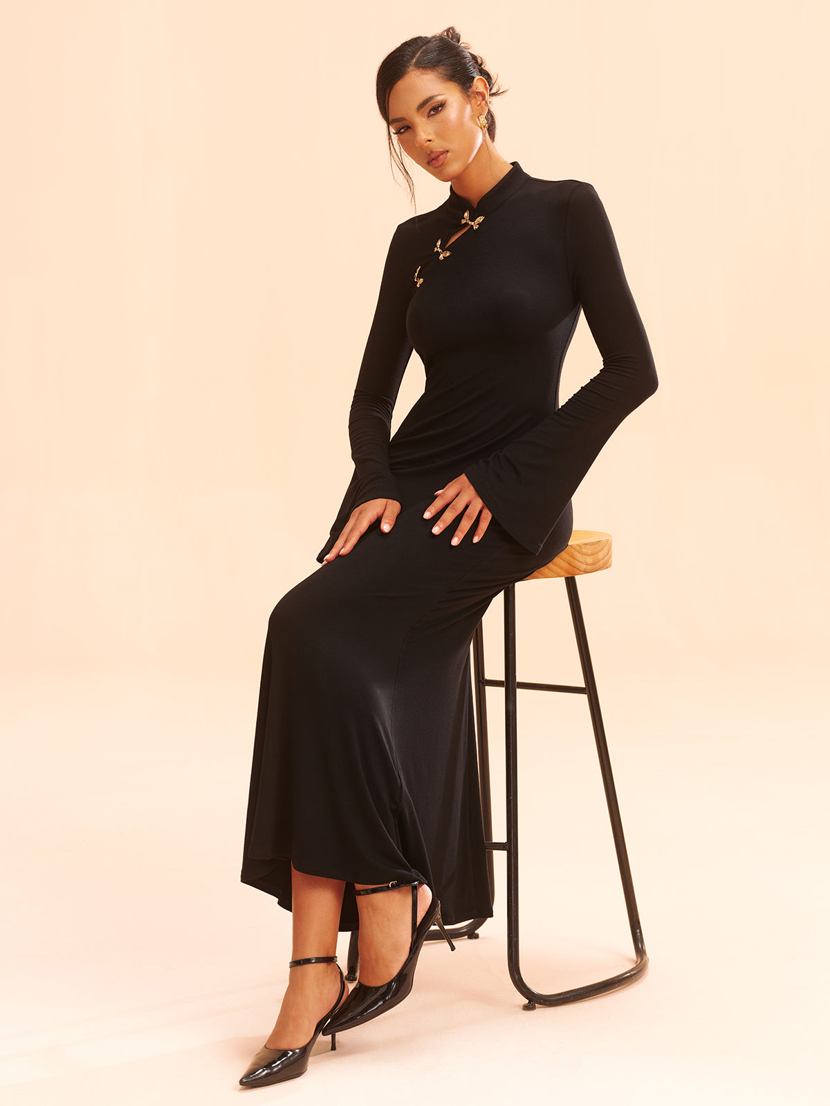 Metal Bow Detail Stand Collar Maxi Dress-Chicvia