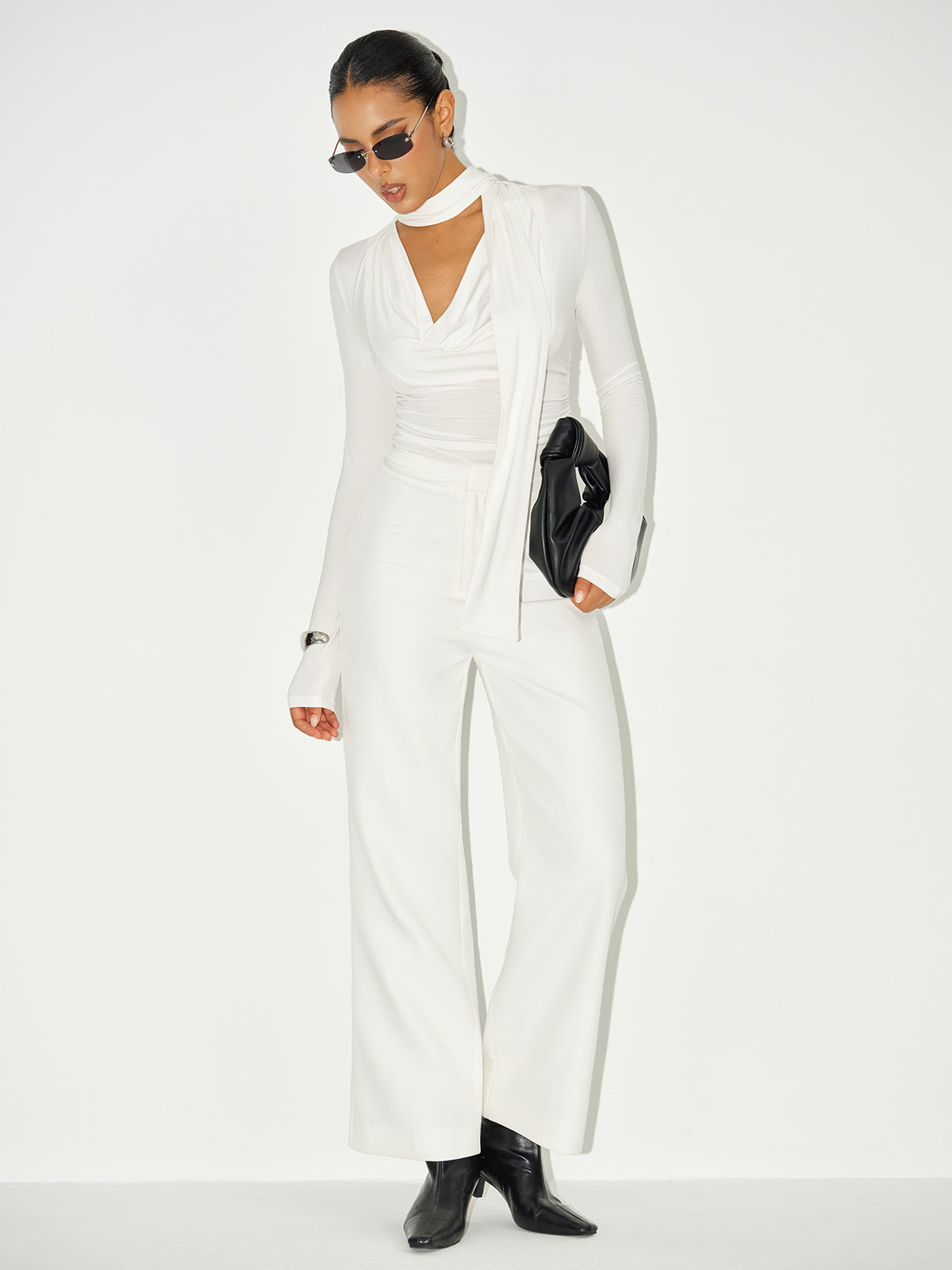 Cowl Neck Long Sleeve Tie Detail Knit Top-Chicvia