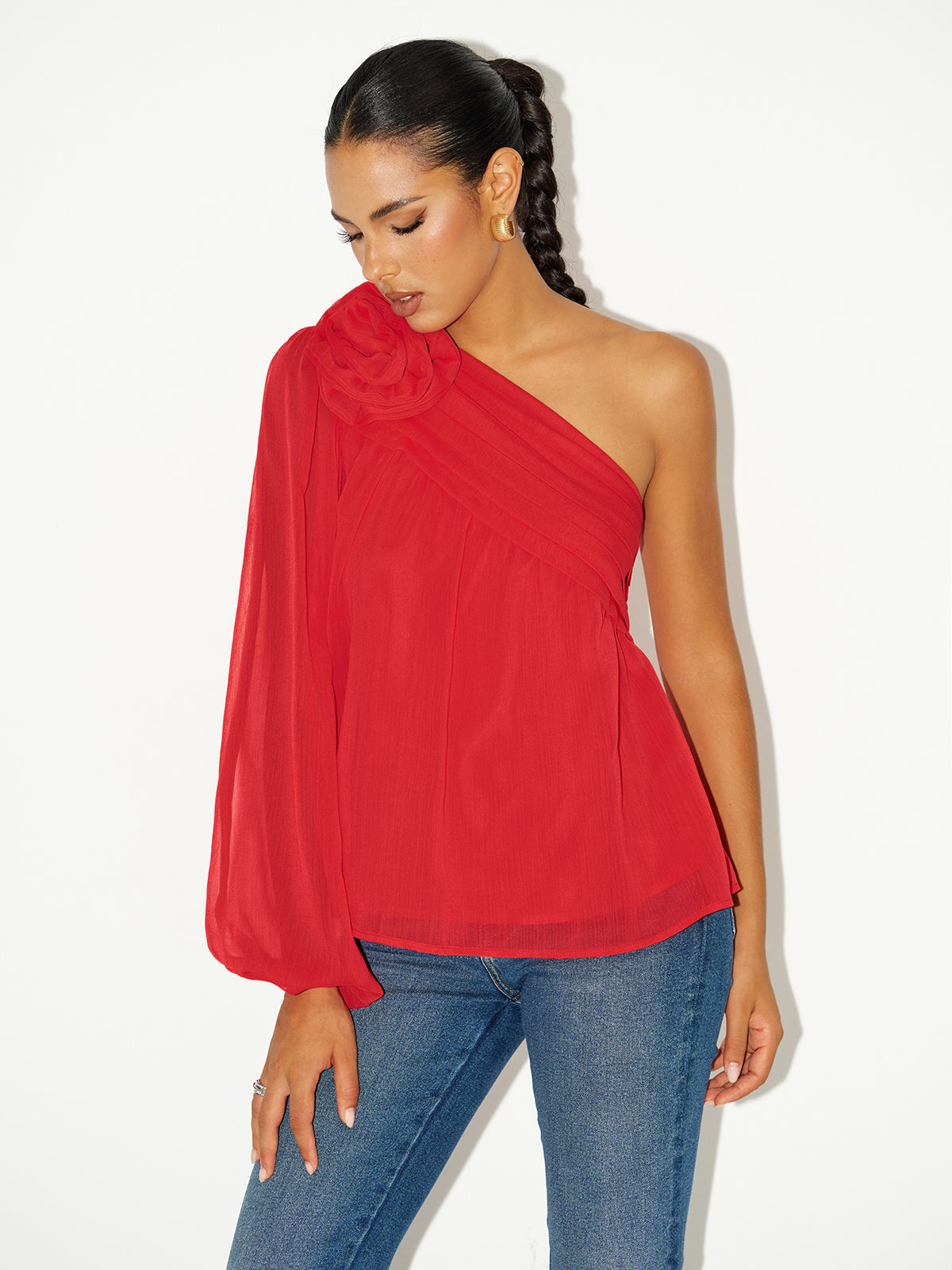 Chiffon One-Shoulder Rosette Shirt-Chicvia