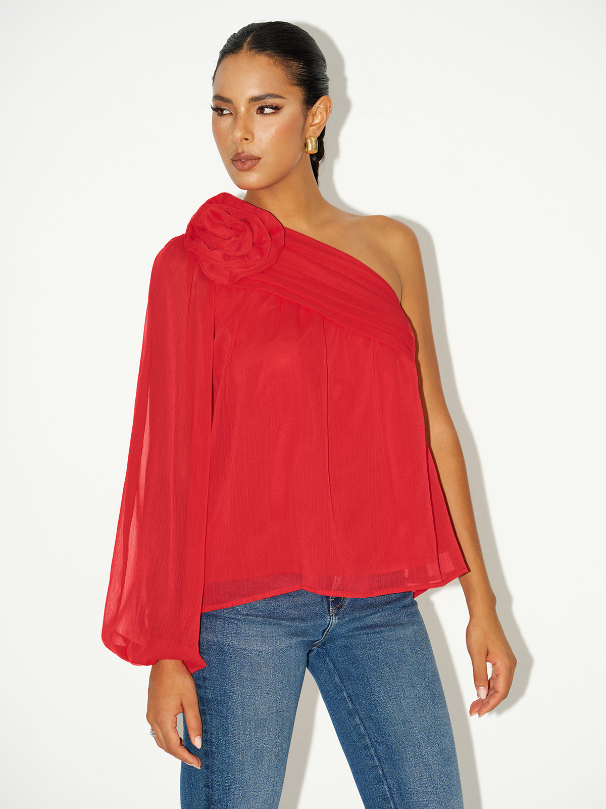 Chiffon One-Shoulder Rosette Shirt-Chicvia