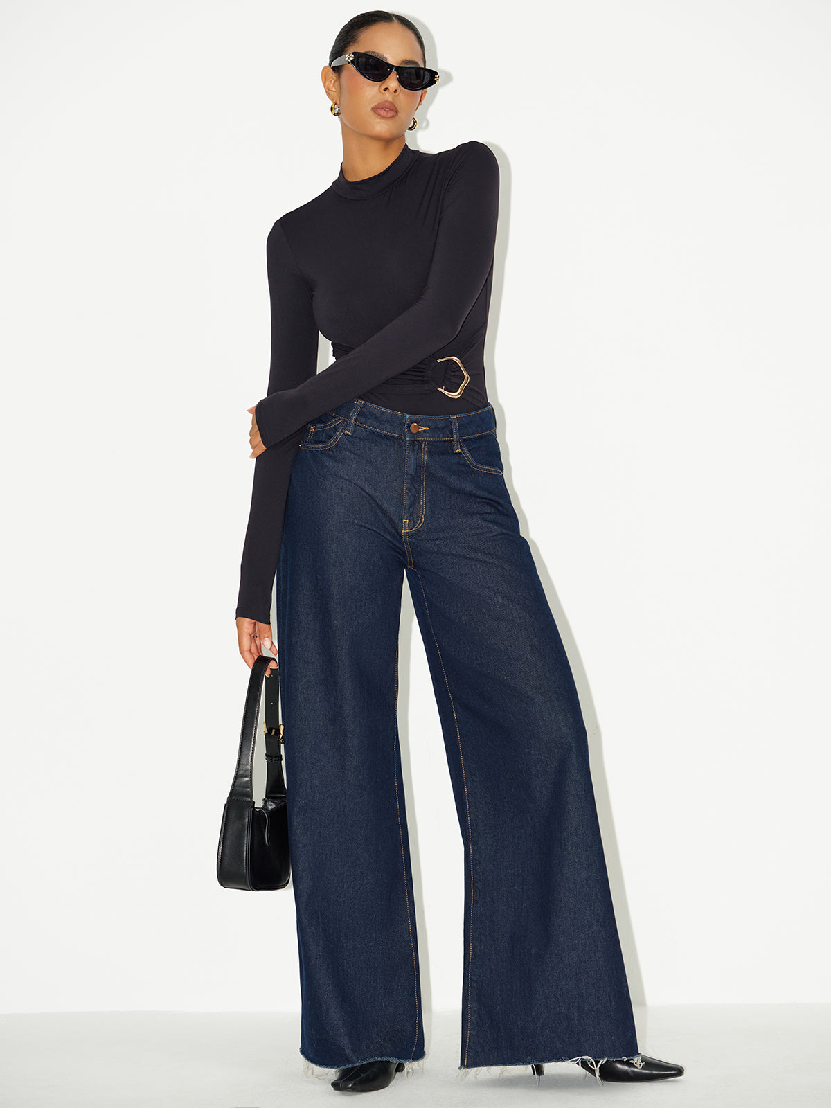 Metal Buckle Stand Collar Long Sleeve Bodysuit-Chicvia