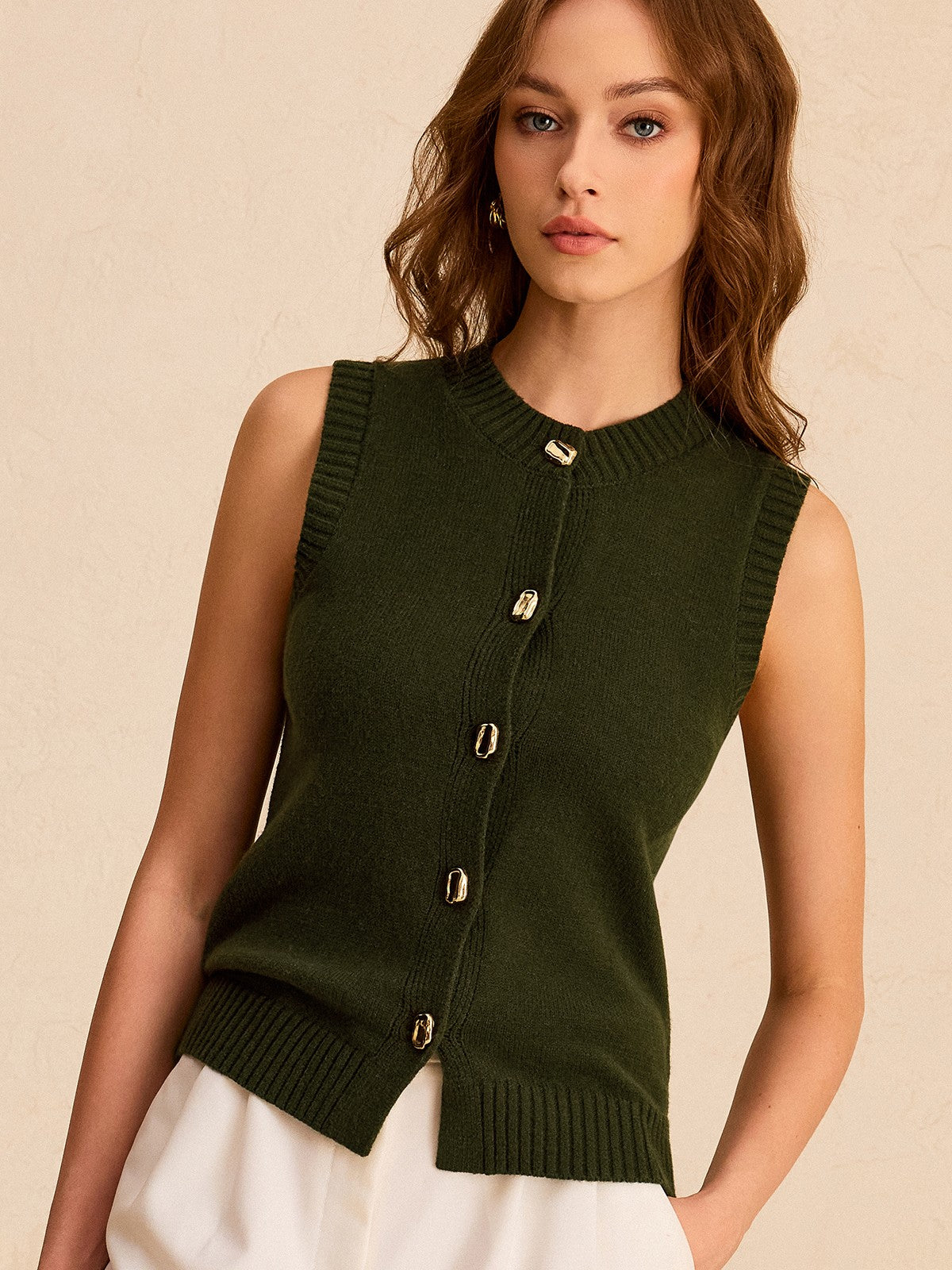 Metal Button Knit Vest-Chicvia