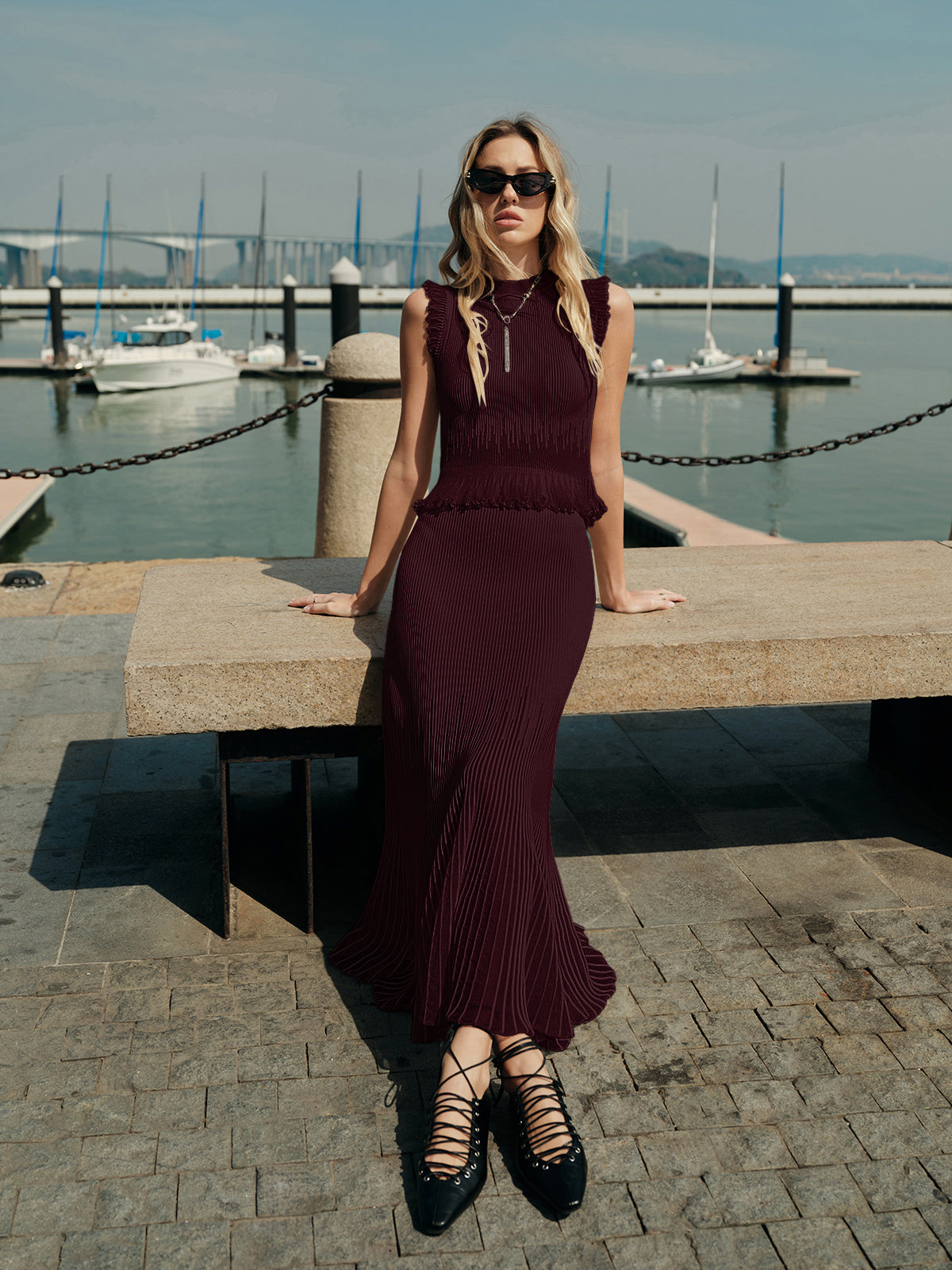 Mesh Panel Pleated Skirt-Chicvia