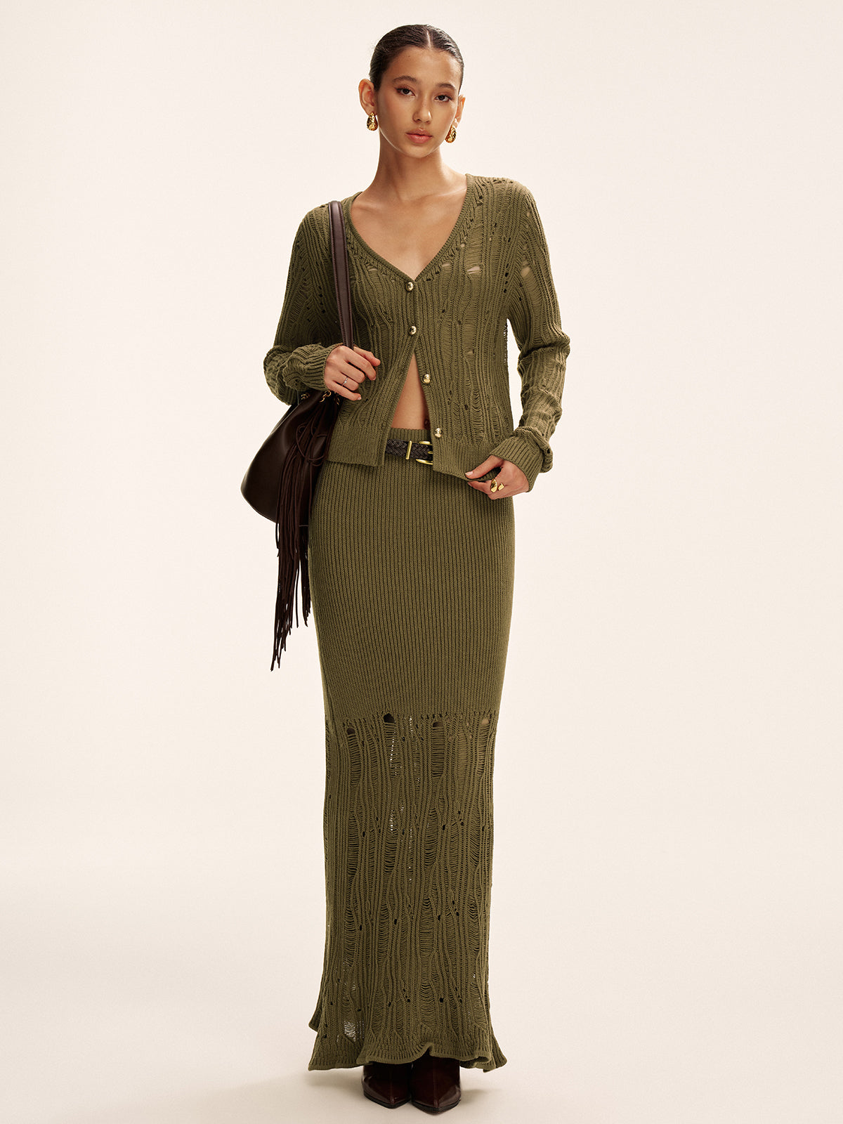 Metal Button Openwork Knit Skirt Set-Chicvia