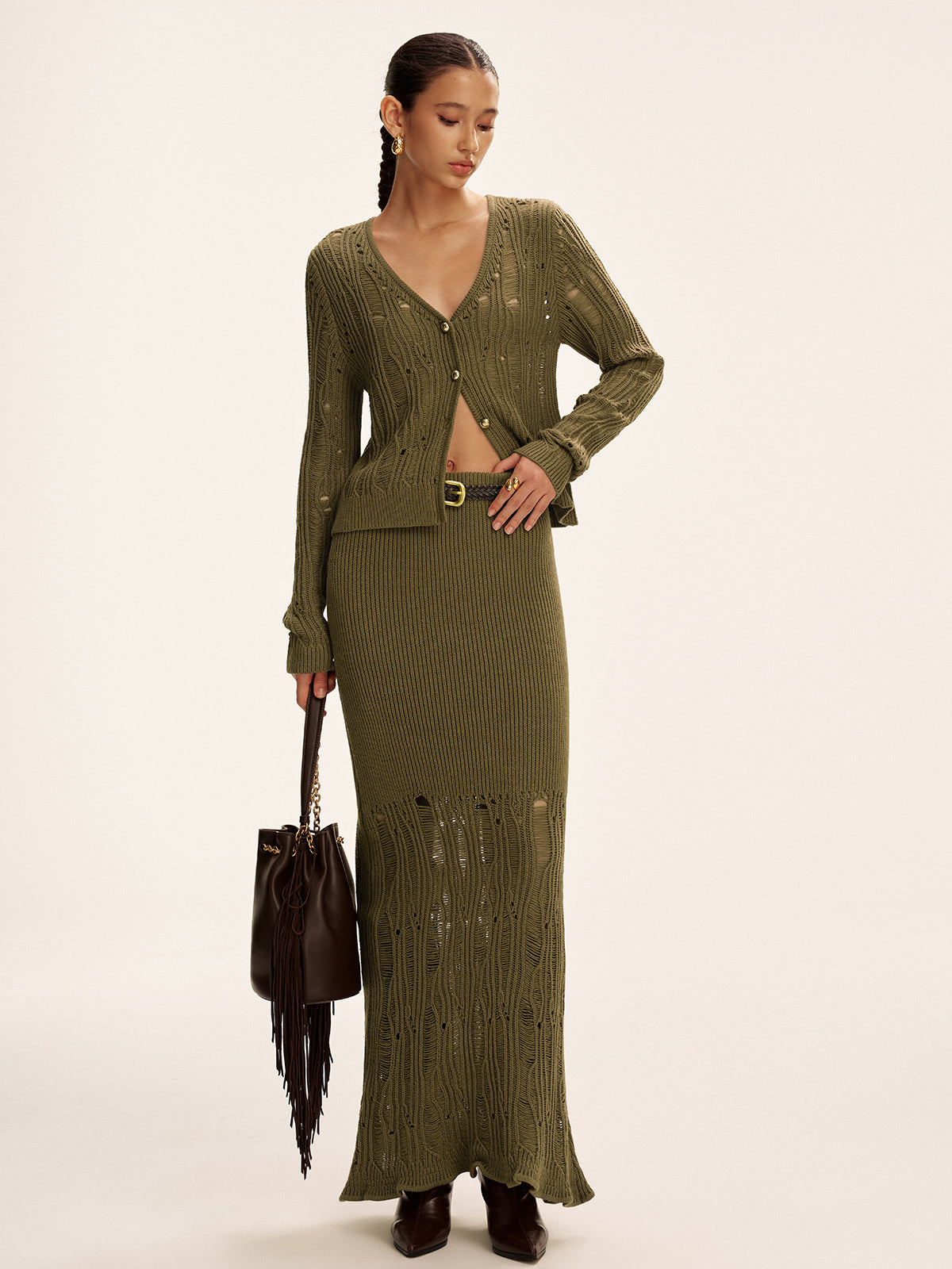 Metal Button Openwork Knit Skirt Set-Chicvia