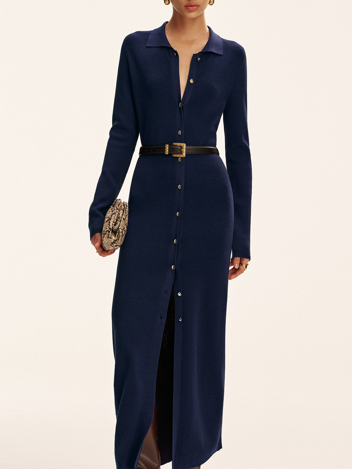 Long Sleeve Button Knit Maxi Dress without Belt-Chicvia