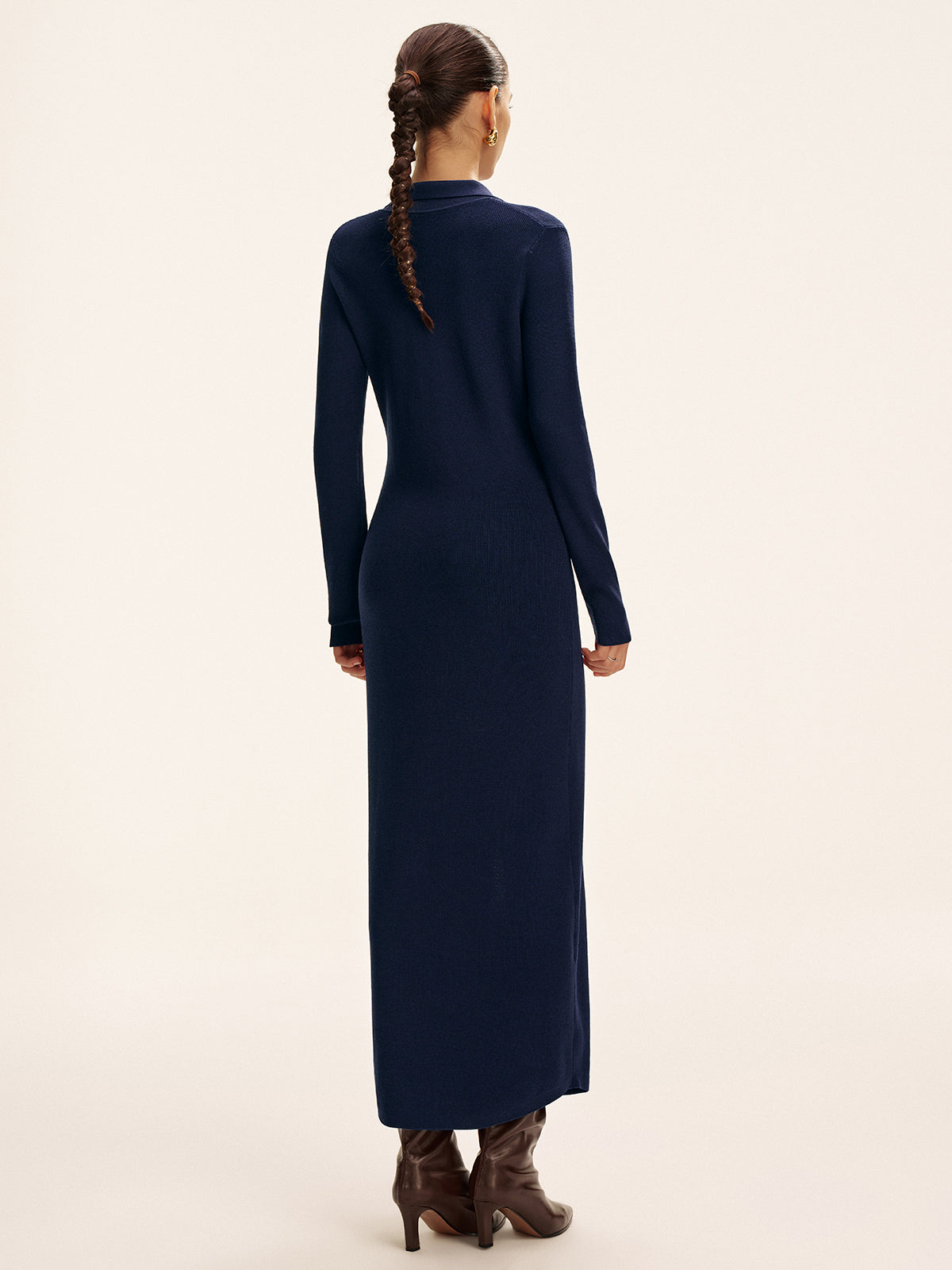 Long Sleeve Button Knit Maxi Dress without Belt-Chicvia