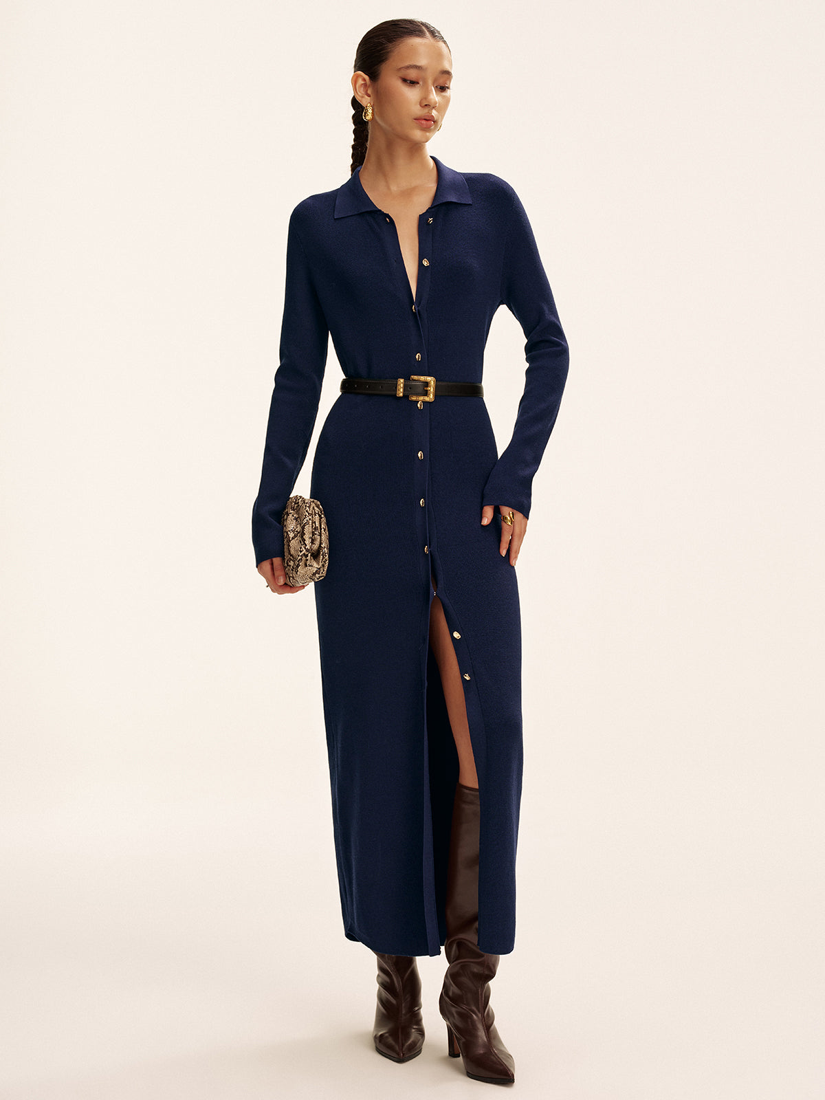 Long Sleeve Button Knit Maxi Dress without Belt-Chicvia