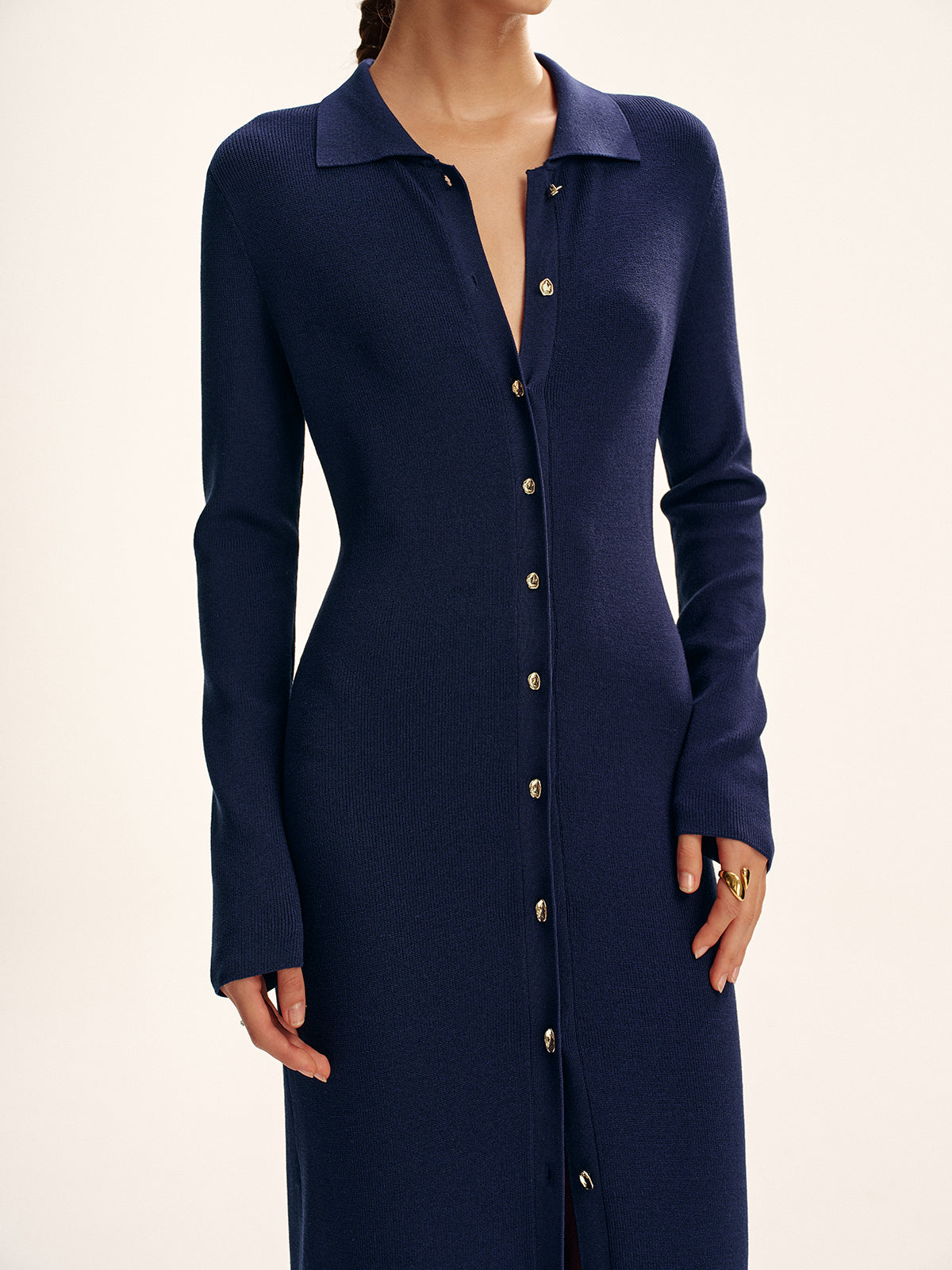 Long Sleeve Button Knit Maxi Dress without Belt-Chicvia