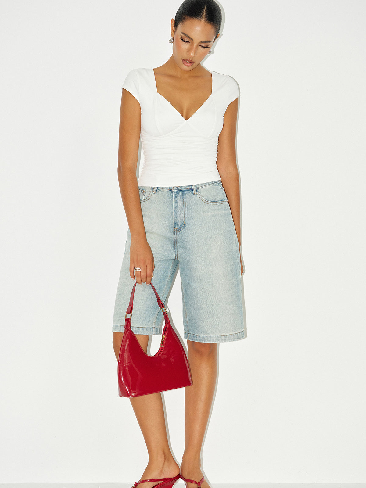 Mid-Waist Denim Bermuda Shorts-Chicvia
