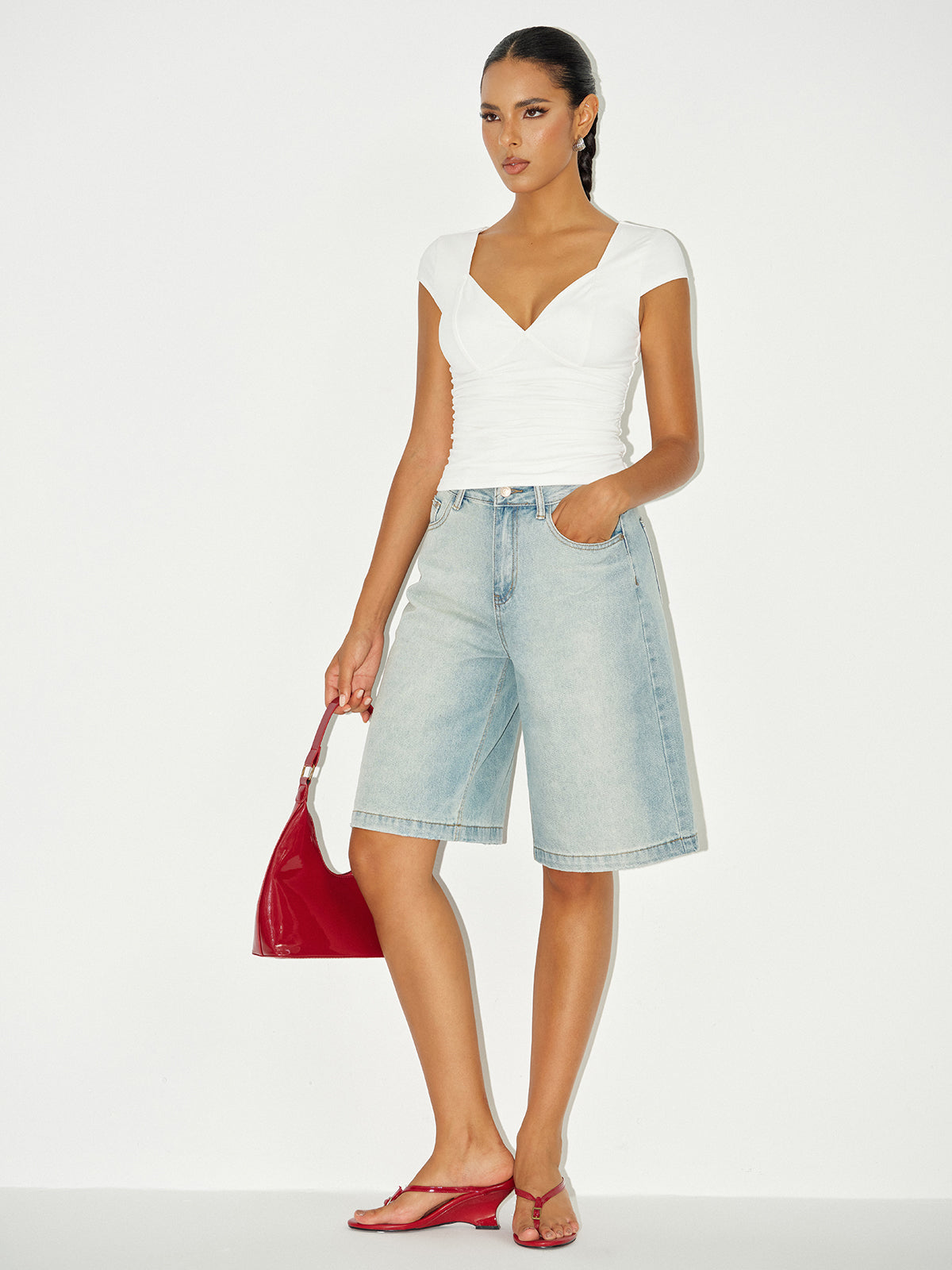 Mid-Waist Denim Bermuda Shorts-Chicvia